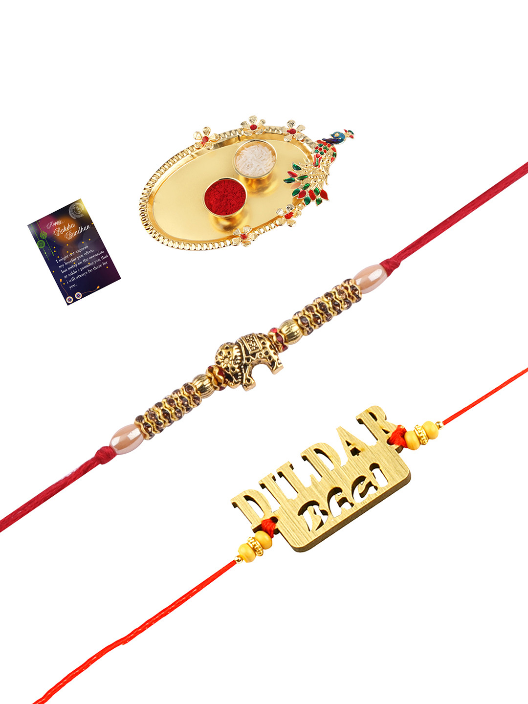 

Silver Shine Set Of 2 Red & Gold-Toned Stone-Studded Rakhi Gift Set