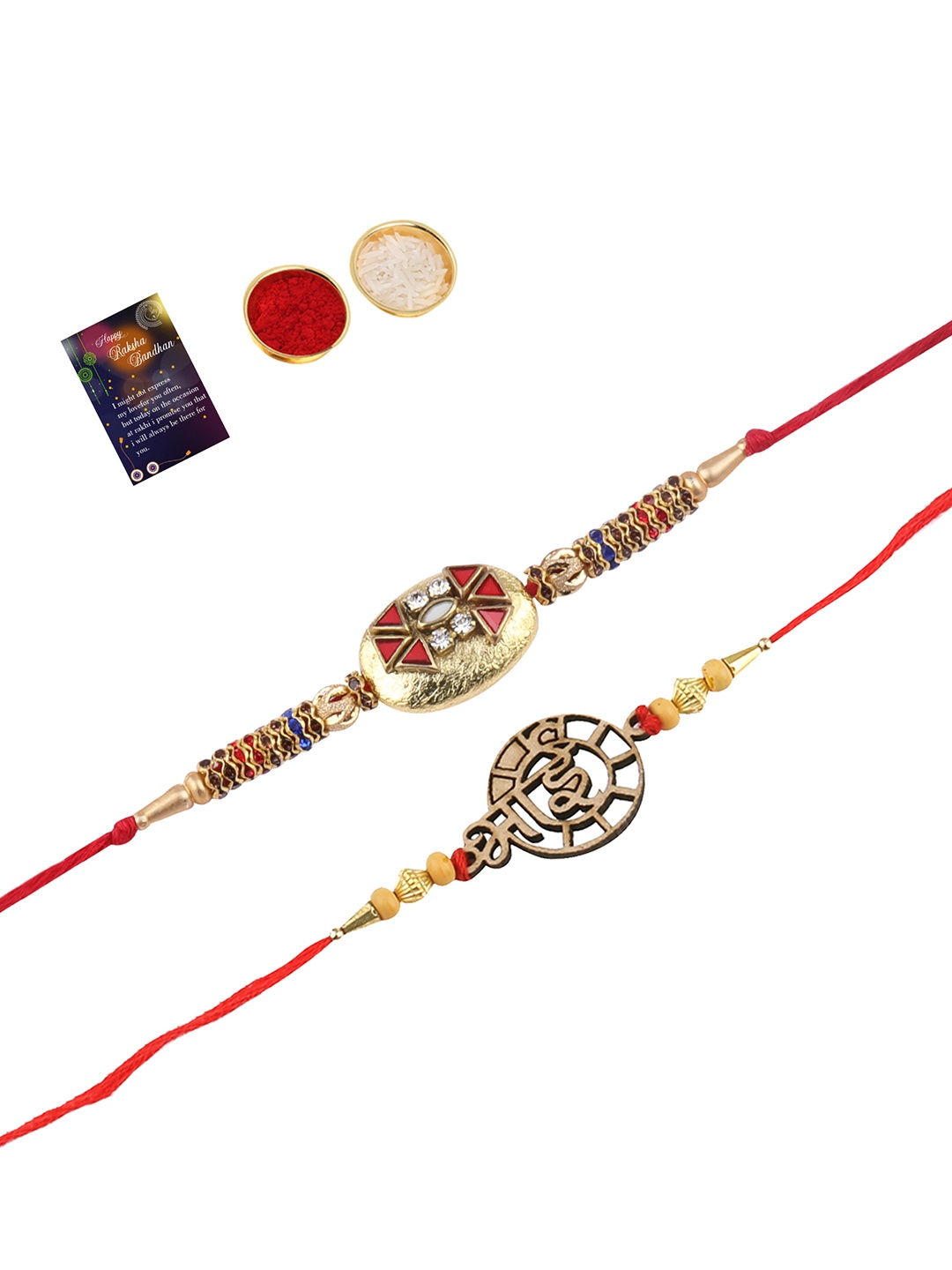 

Silver Shine Red 2 Rakhi With Roli Chawal and Greeting Card