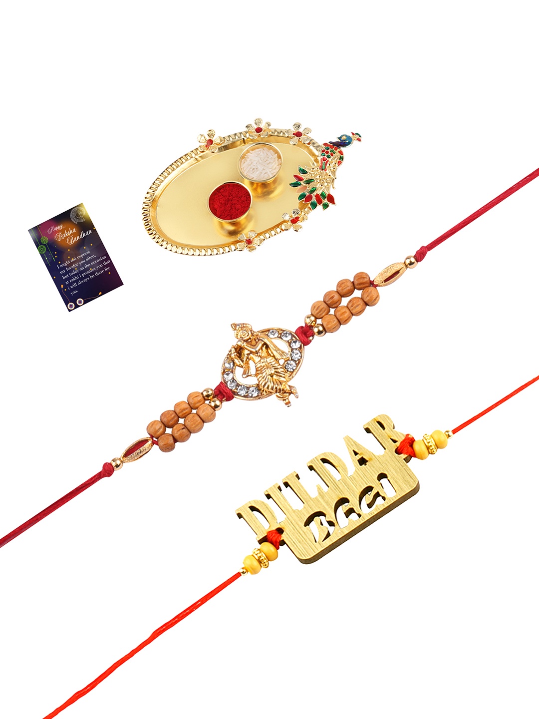 

Silver Shine 2 Rakhi With Pooja Thali Roli Chawal And Greeting Card, Multi