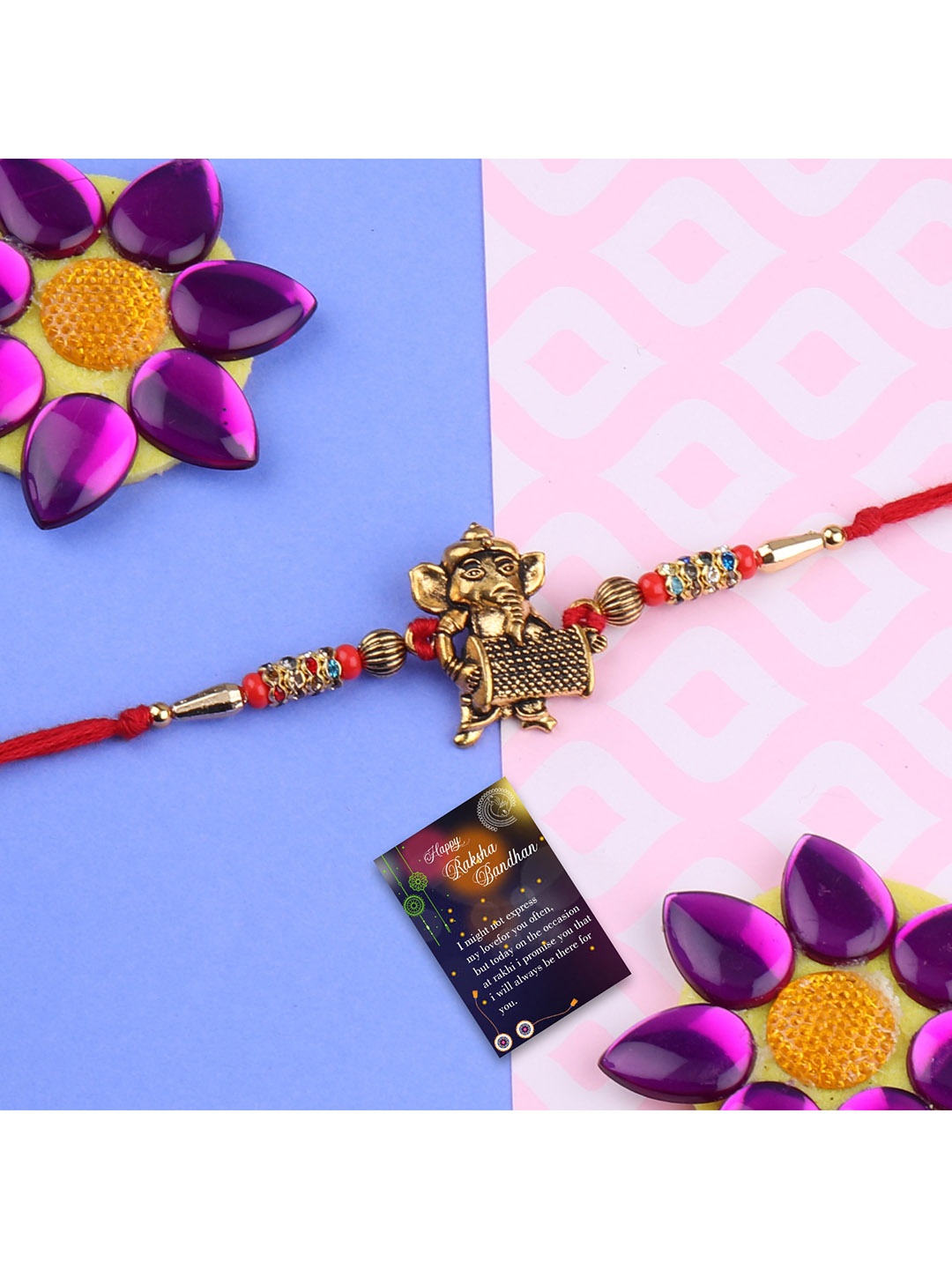 

Silver Shine Set Of 2 Rakhi with Roli Chawal Greeting Card, Multi