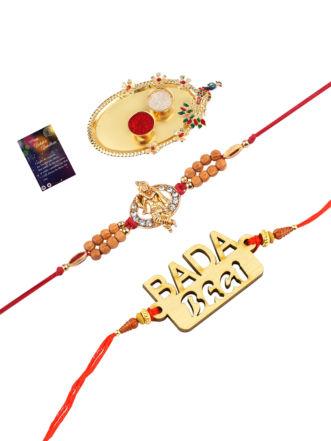 

Silver Shine Set Of 2 Red & Gold-Toned Stone-Studded Rakhi Gift Set