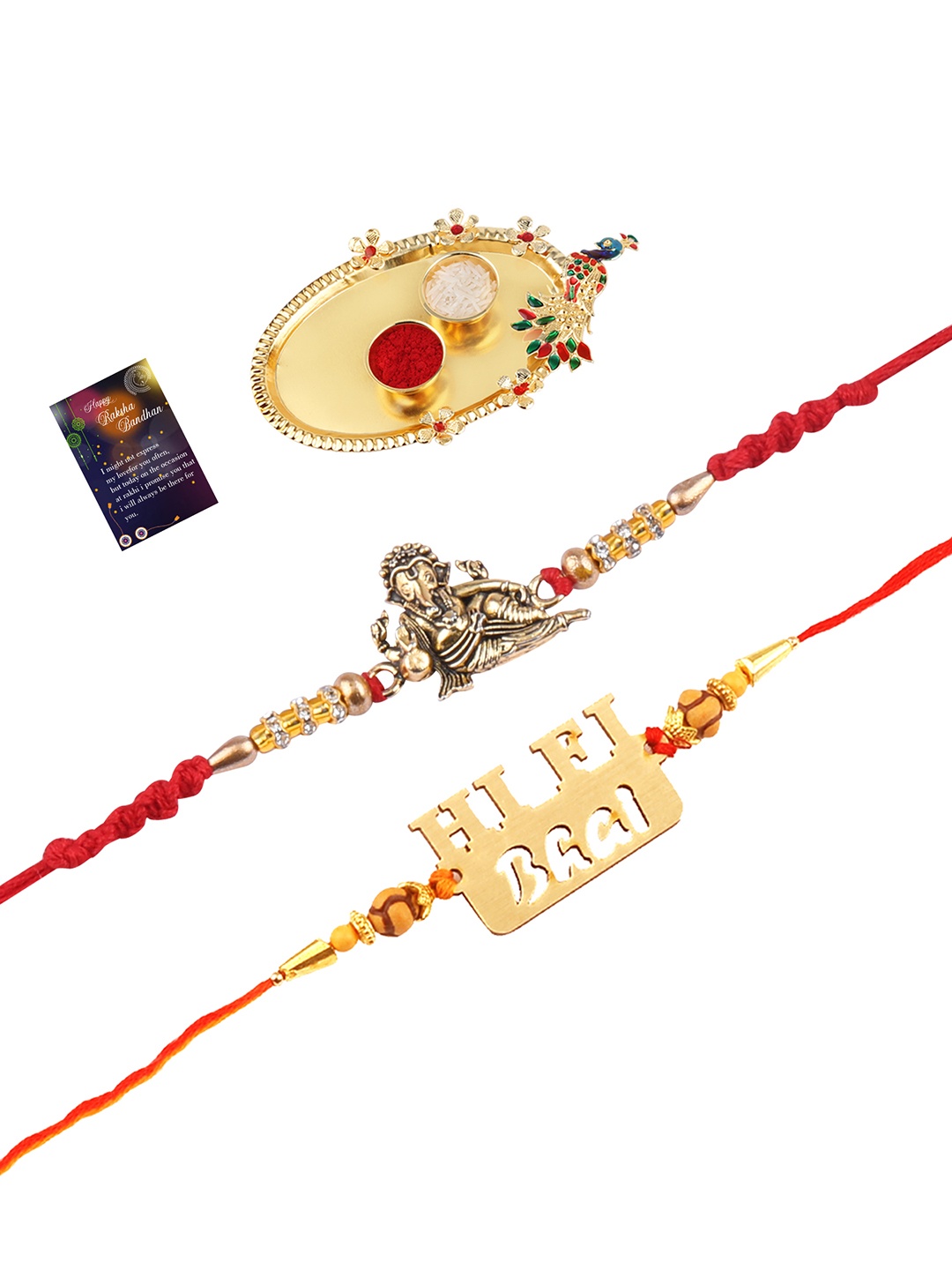 

Silver Shine 2 Rakhi with Pooja Thali Roli Chawal and Greeting Card, Red