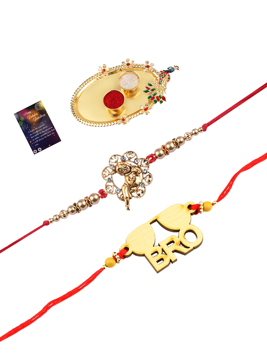 

Silver Shine Red 2 Rakhi With Pooja Thali Roli Chawal And Greeting Card