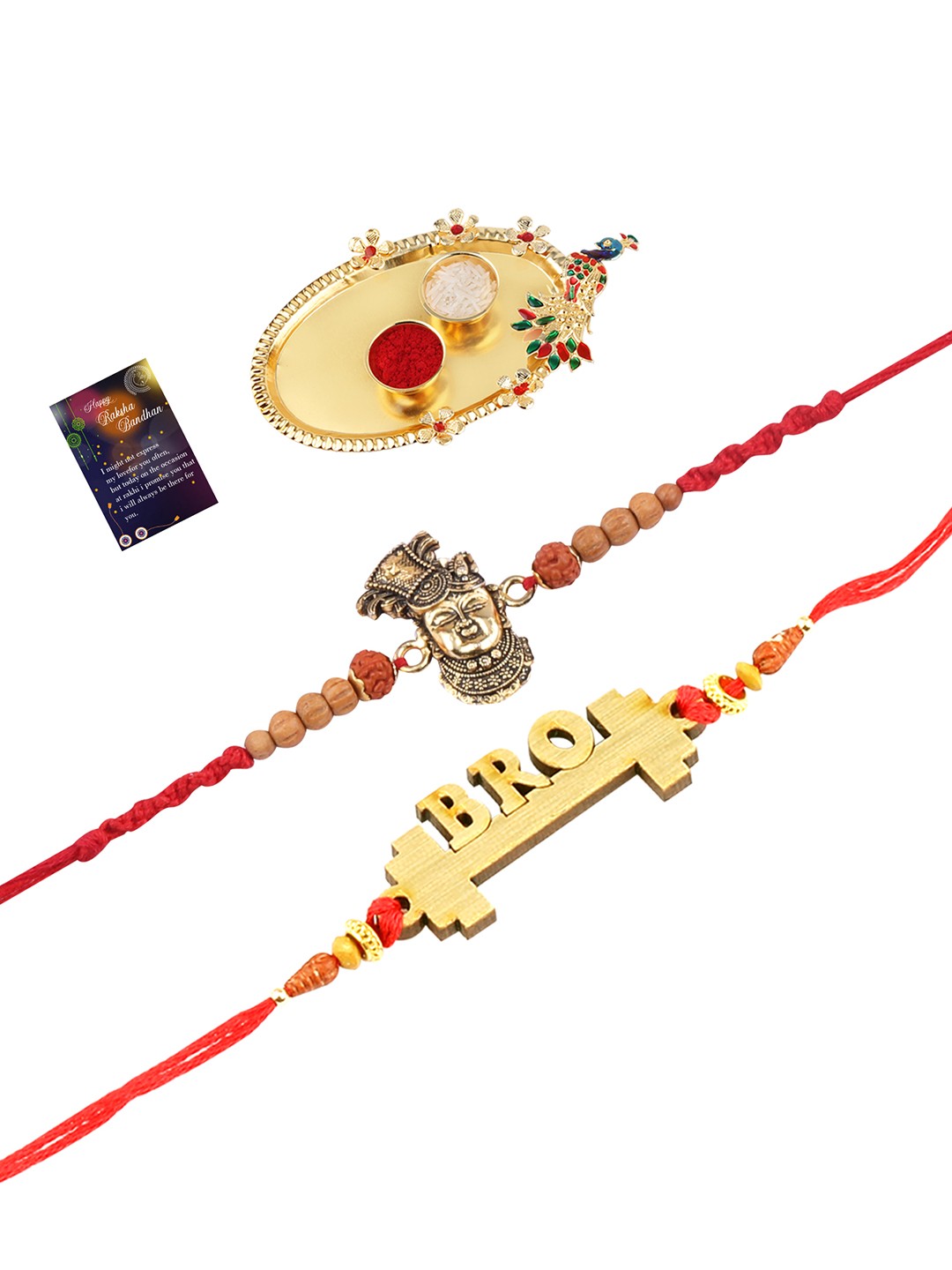 

Silver Shine Gold-Toned & Red 2 Rakhi With Pooja Thali Roli Chawal & Greeting Card
