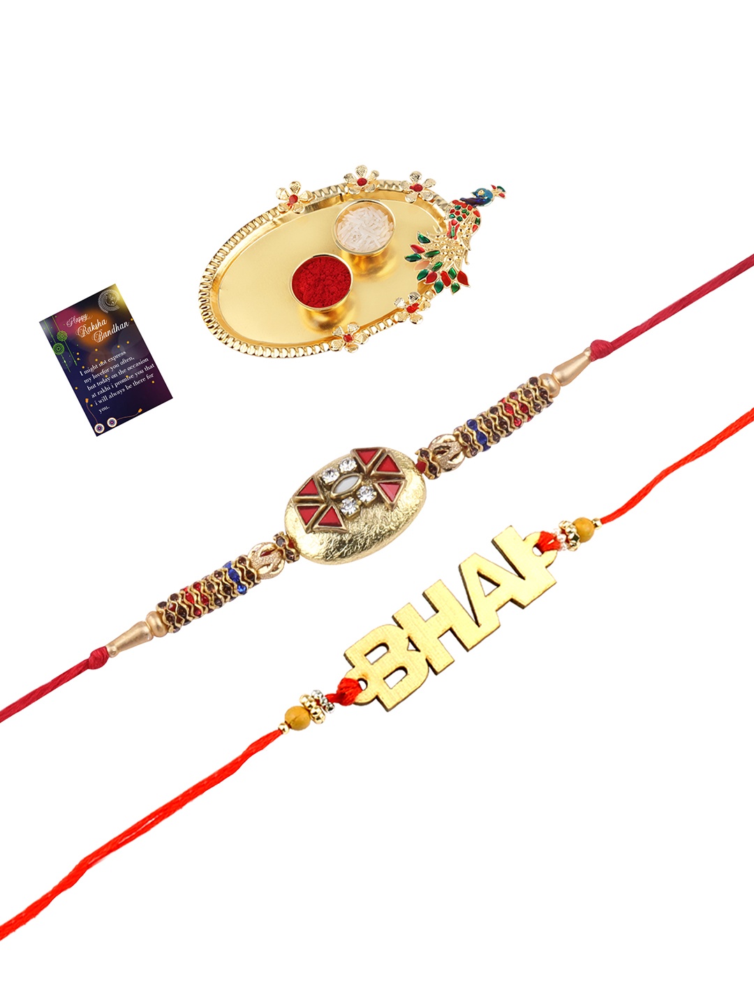 

Silver Shine Set Of 2 Red & Gold-Toned Stone-Studded Rakhi Gift Set