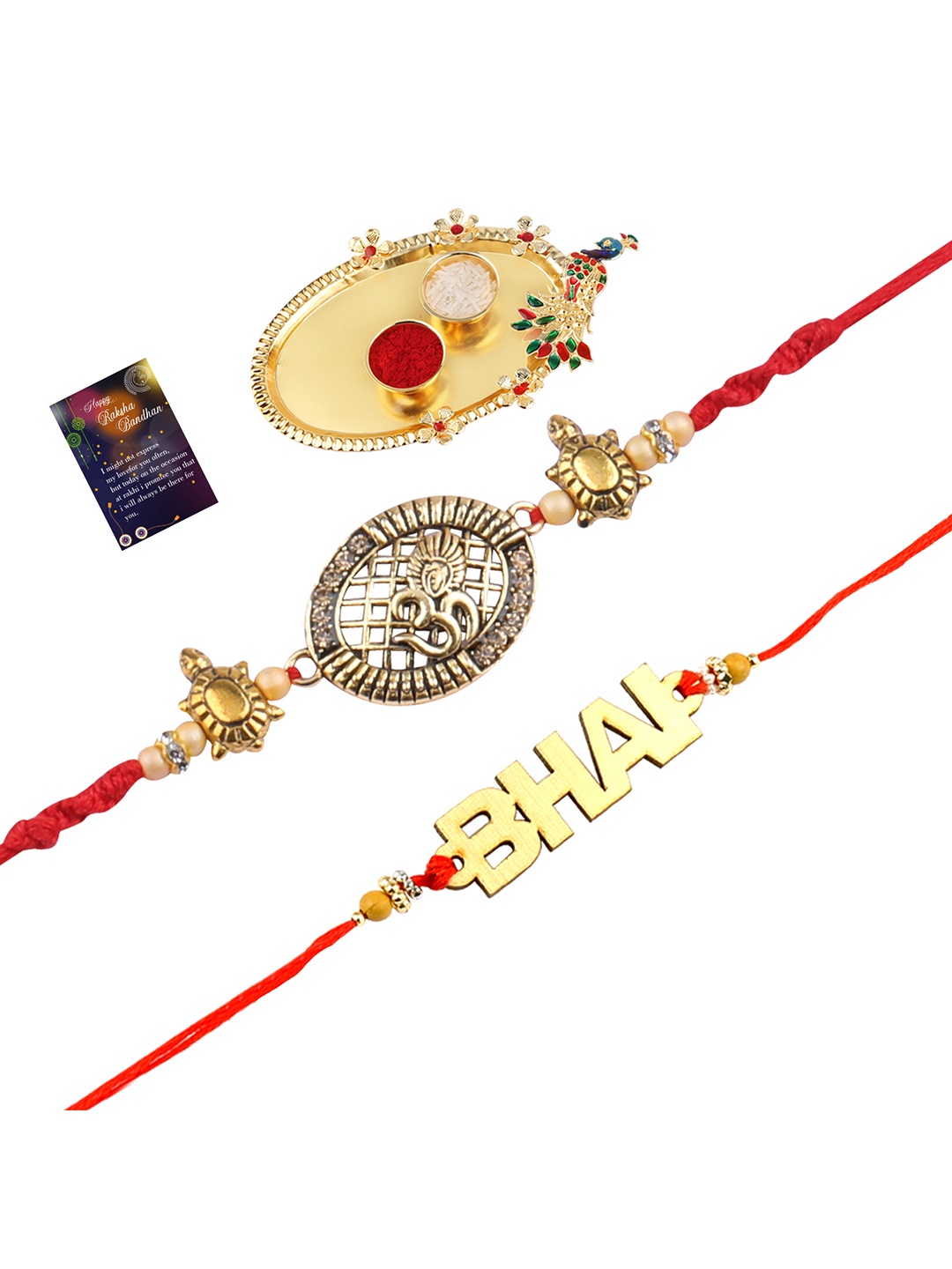 

Silver Shine 2 Rakhi With Pooja Thali Roli Chawal And Greeting Card, Multi