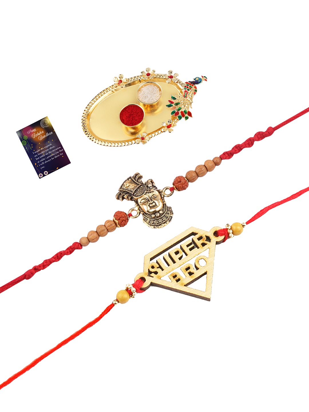 

Silver Shine 2 Rakhi With Pooja Thali Roli Chawal And Greeting Card, Multi