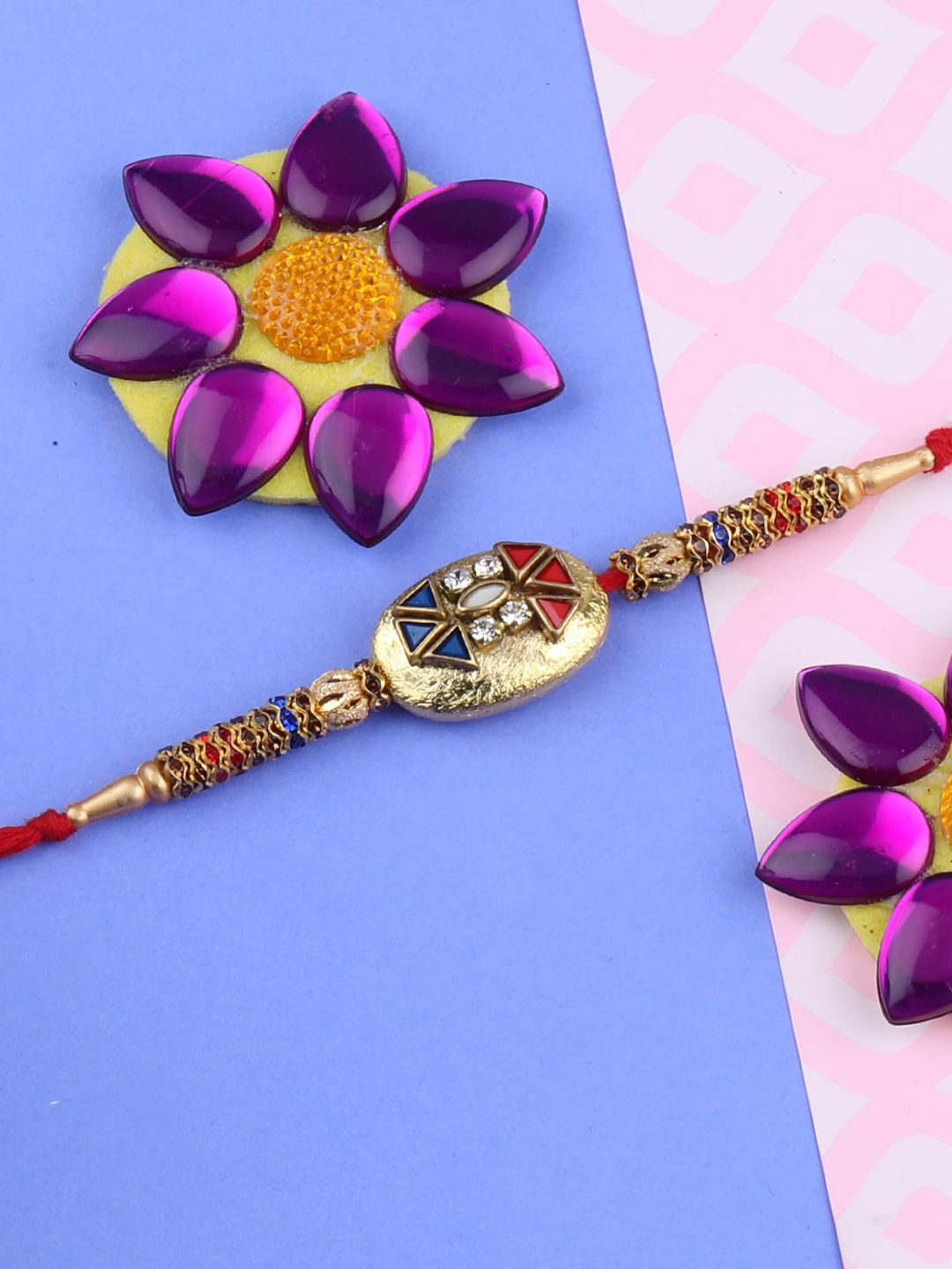 

Silver Shine 3 Rakhi With Pooja thali Roli Chawal And greeting Card, Multi