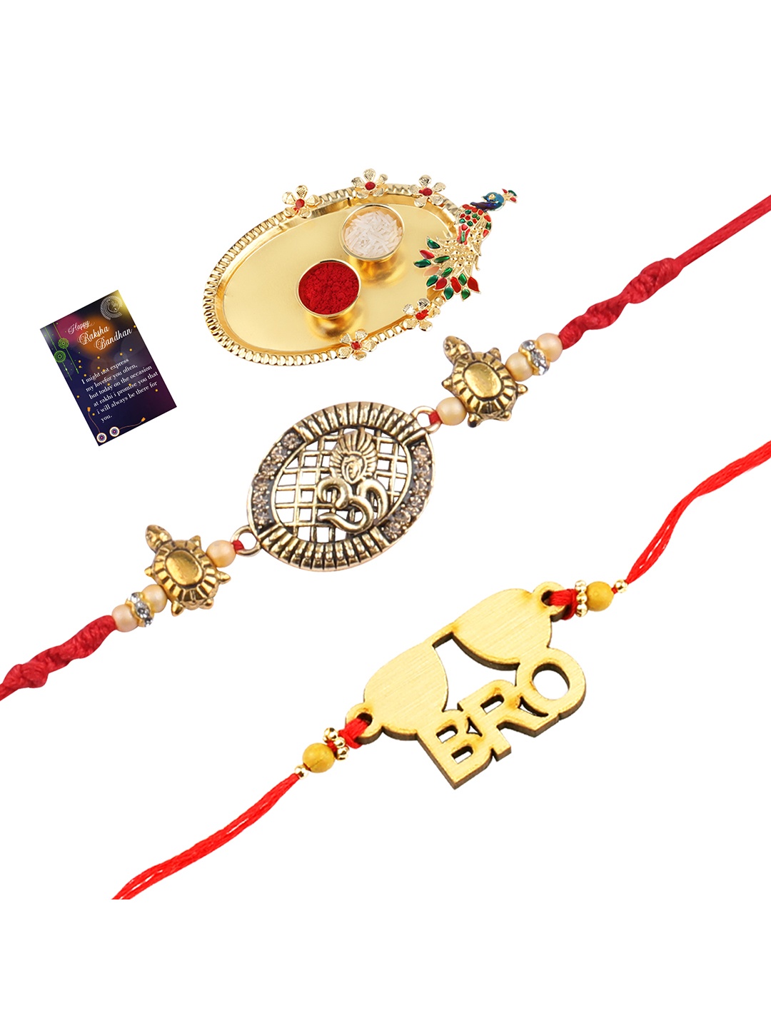 

Silver Shine Set Of 2 Red & Gold-Toned Stone-Studded Rakhi Gift Set, Multi