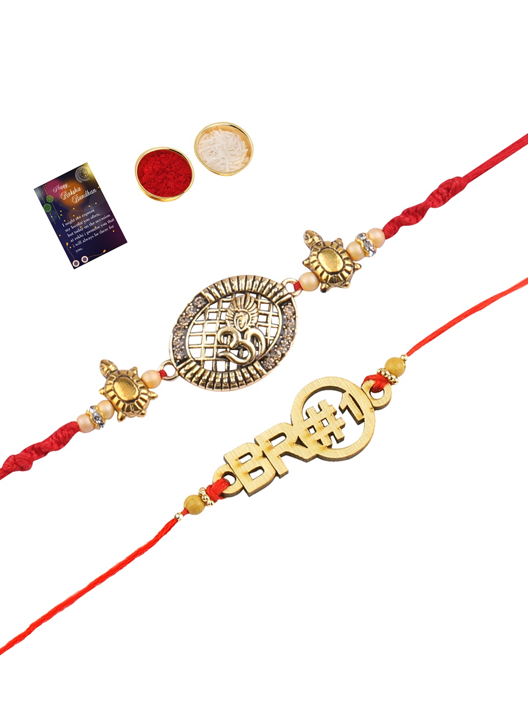 

Silver Shine Red 2 Rakhi With Pooja Thali Roli Chawal And Greeting Card