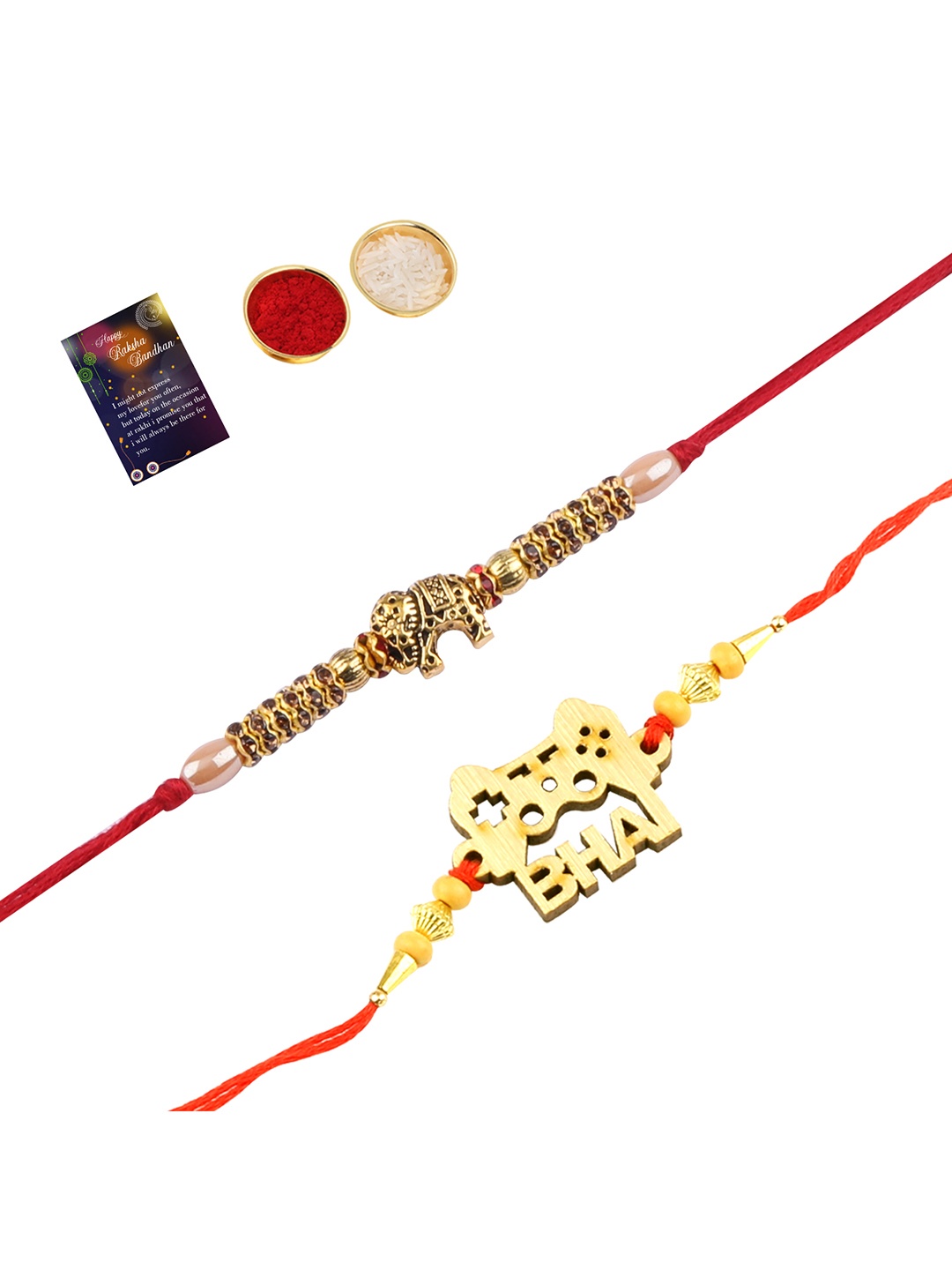 

Silver Shine Set Of 2 Rakhi with Roli Chawal Greeting Card, Gold