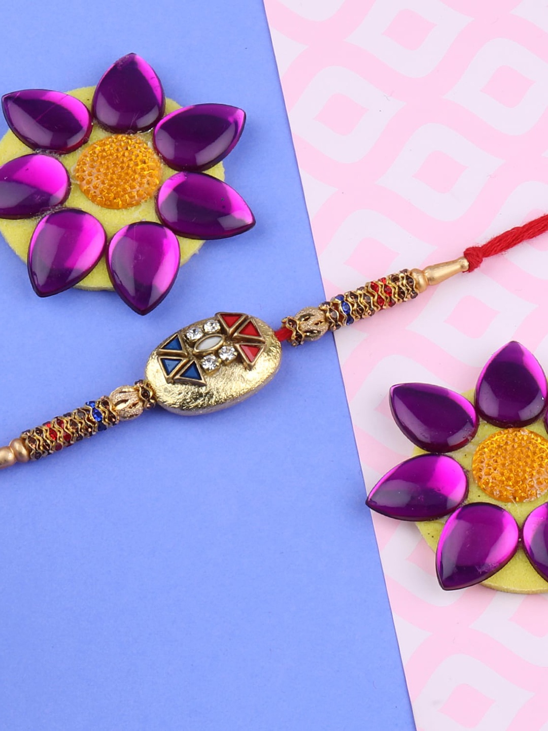 

Silver Shine 4 Rakhi With Pooja Thali Roli Chawal And Greeting Card, Red