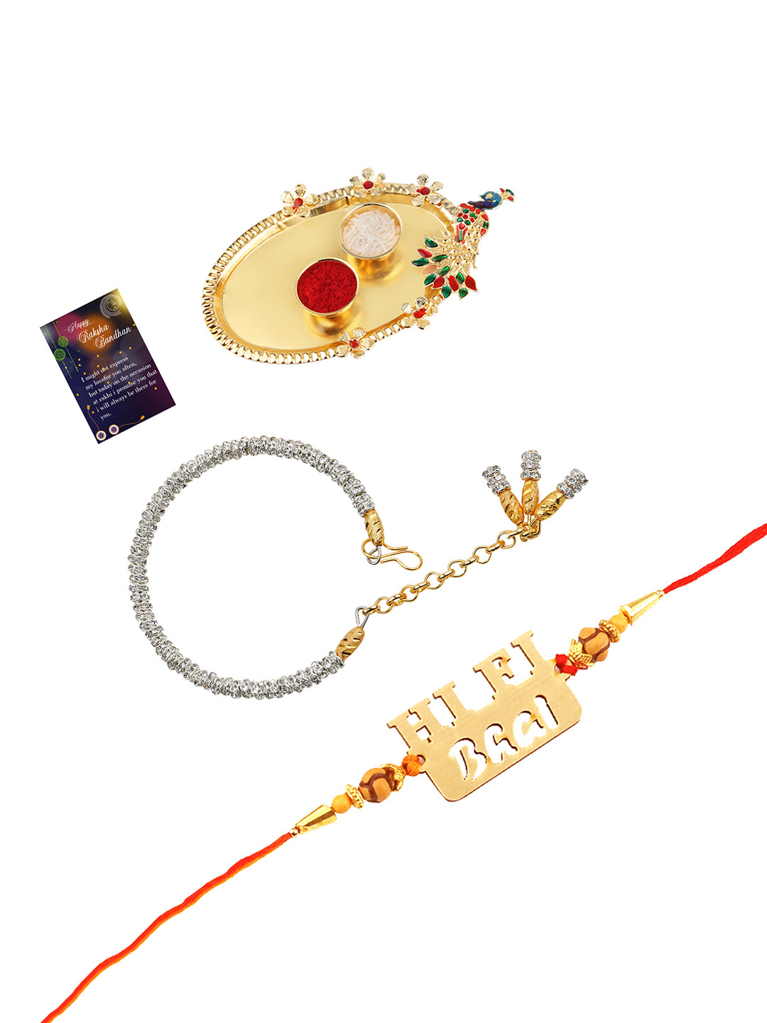 

Silver Shine 1 Rakhi 1 Bhabhi Rakhi With Pooja Thali Roli Chawal, Red