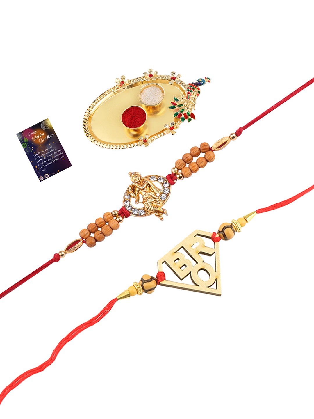 

Silver Shine 2 Rakhi With Pooja Thali Roli Chawal And Greeting Card, Gold