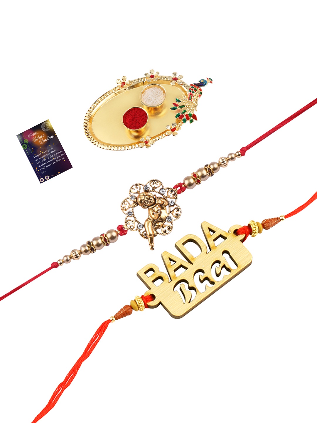 

Silver Shine Set Of 2 Gold-Toned Rakhi With Pooja Thali & Greeting Card
