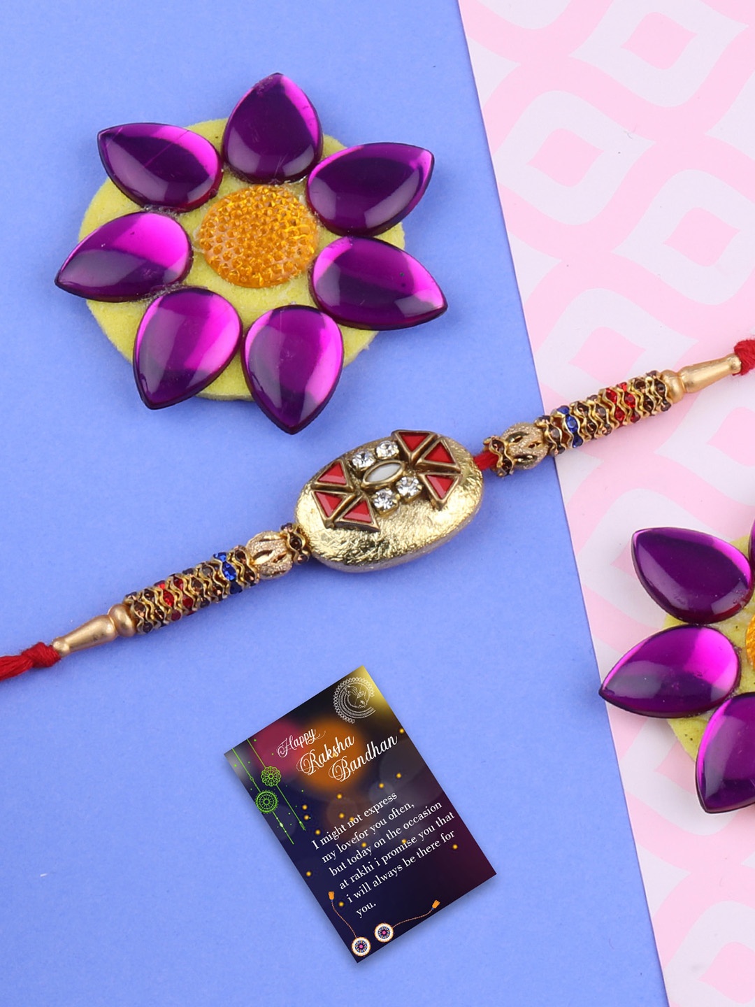 

Silver Shine Red Set Of 2 Rakhi Combo With Roli Chawal & Greeting Card