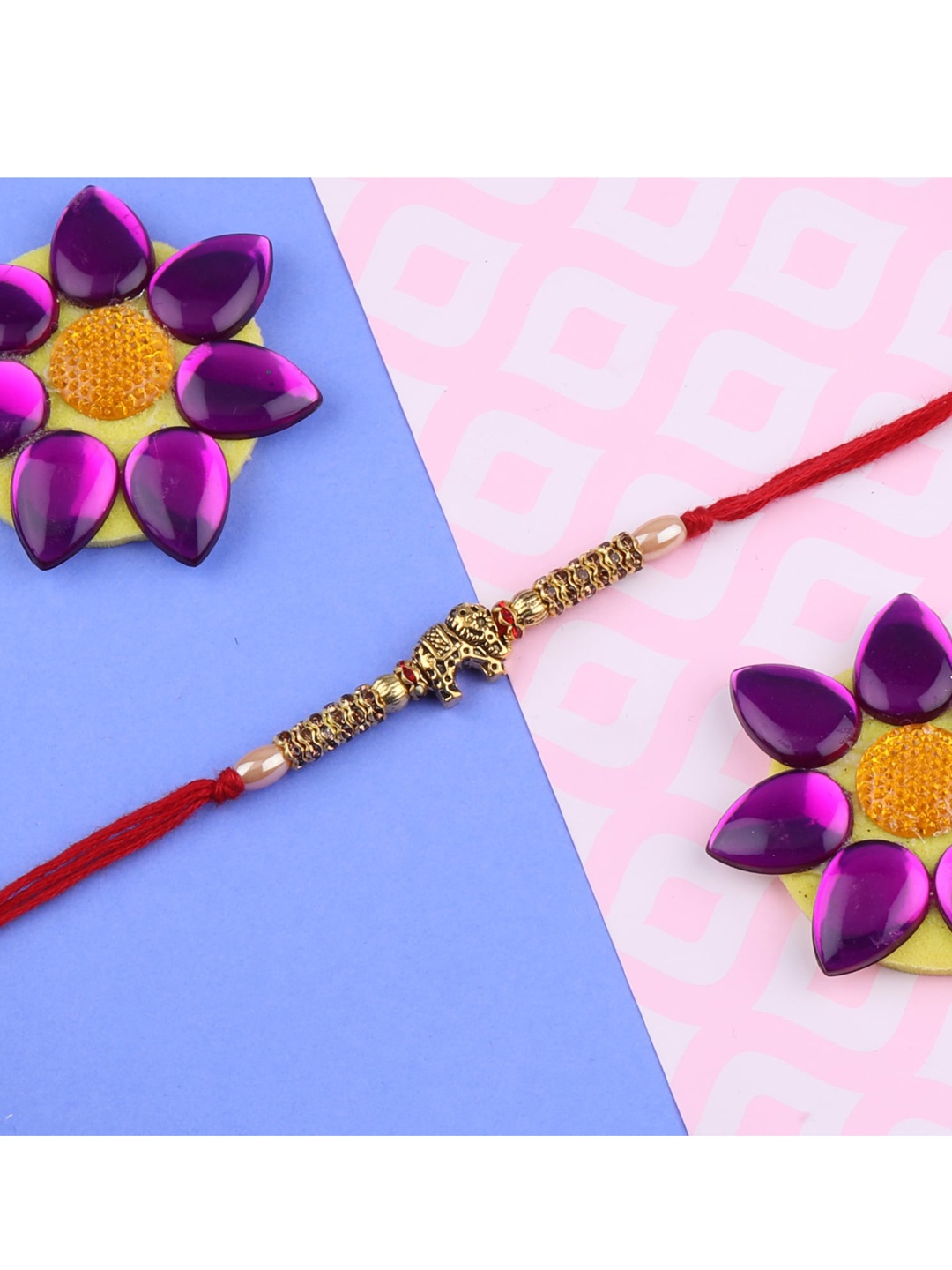 

Silver Shine Red 2 Rakhi With Pooja Thali Roli Chawal And Greeting Card