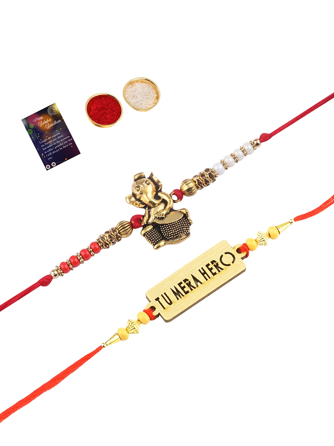 

Silver Shine Set Of 2 Red & Gold-Toned Stone-Studded Rakhi Gift Set