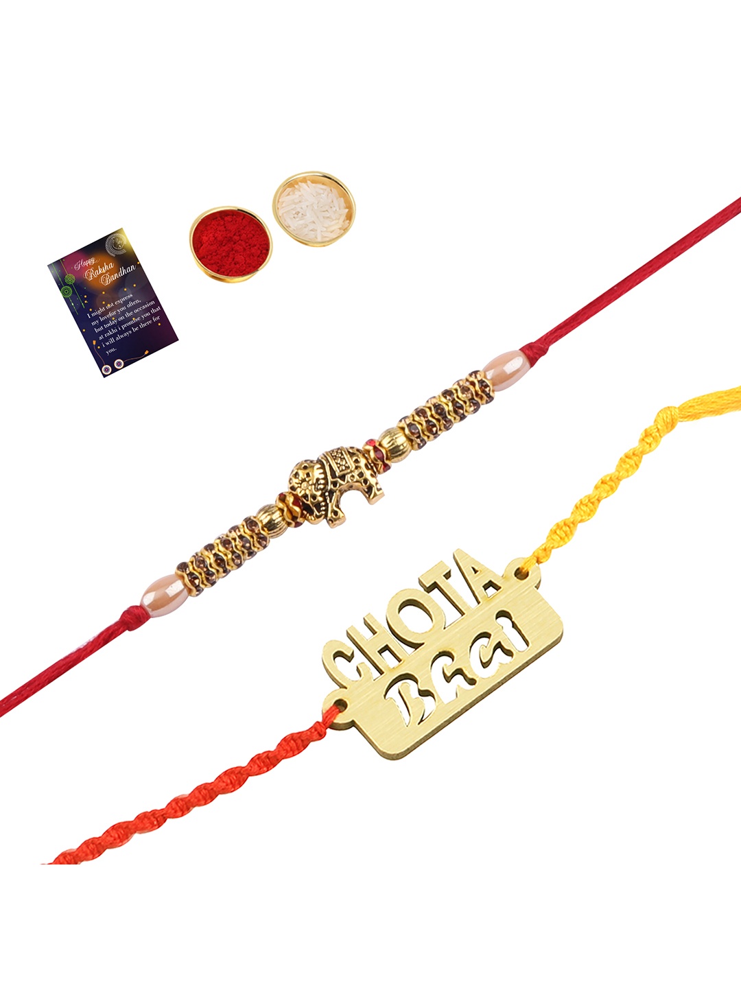 

Silver Shine Set Of 2 Rakhi with Roli Chawal Greeting Card, Gold