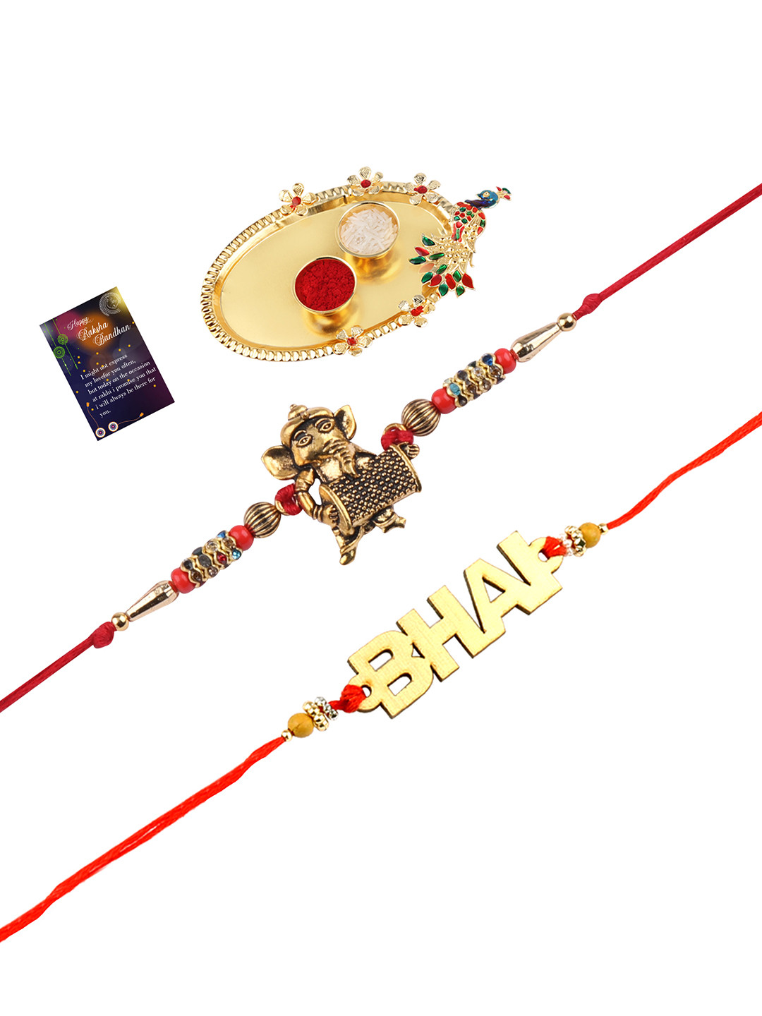

Silver Shine Set Of 2 Red & Gold-Toned Stone-Studded Rakhi Gift Set