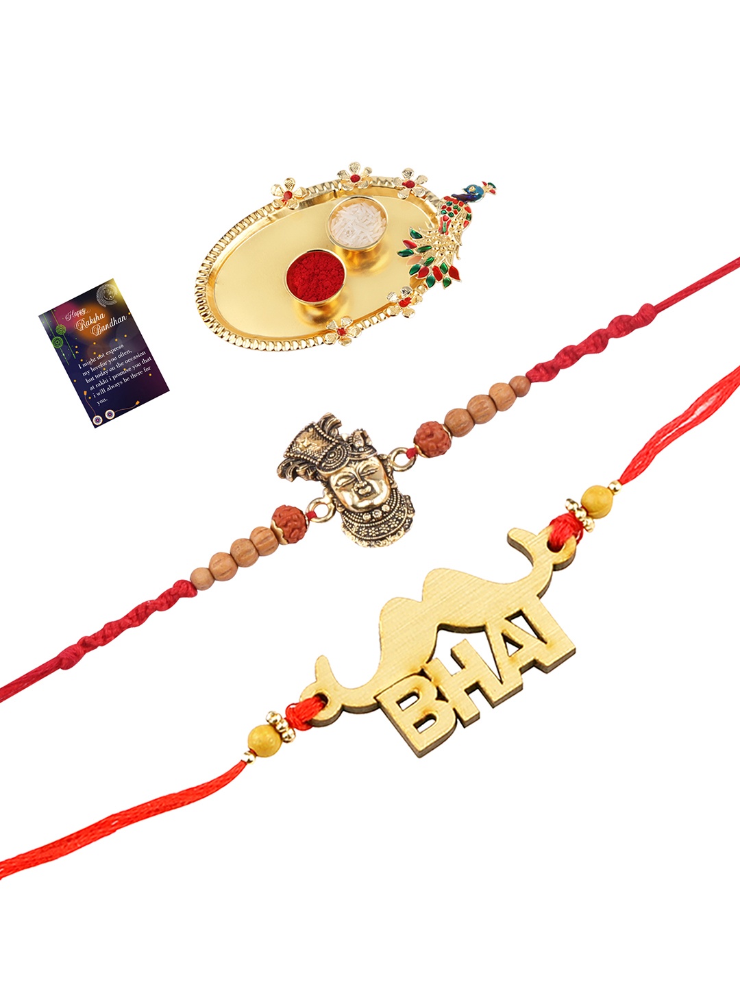 

Silver Shine 2 Rakhi With Pooja Thali Roli Chawal And Greeting Card, Red