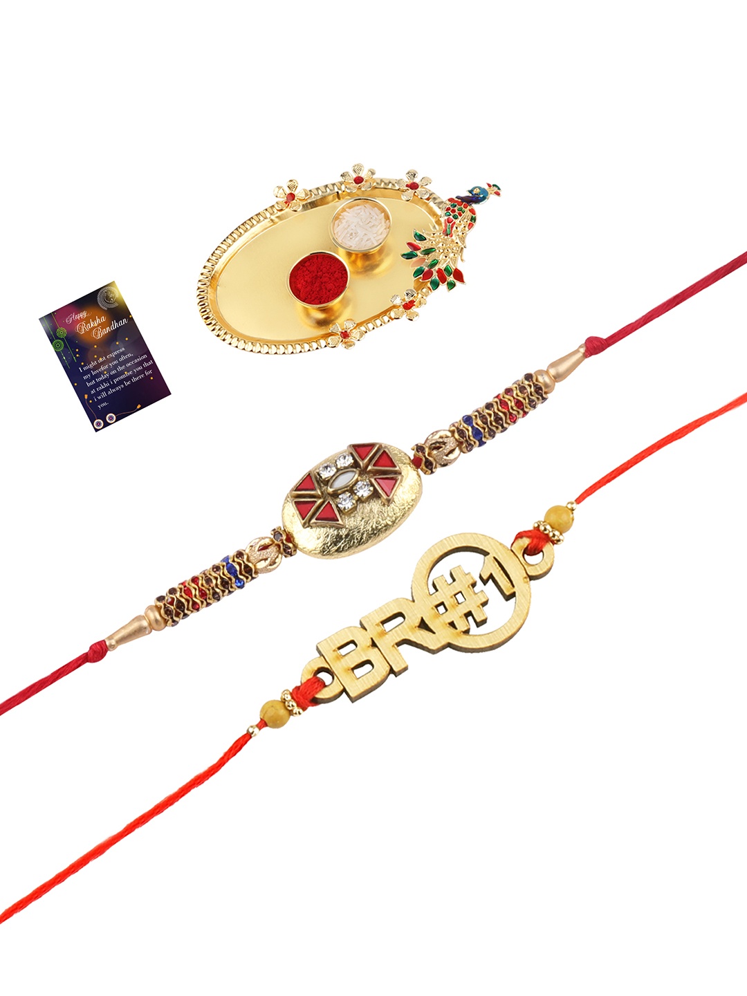 

Silver Shine Red & Gold-Toned 2 Rakhi With Pooja Thali Roli Chawal & Greeting Card