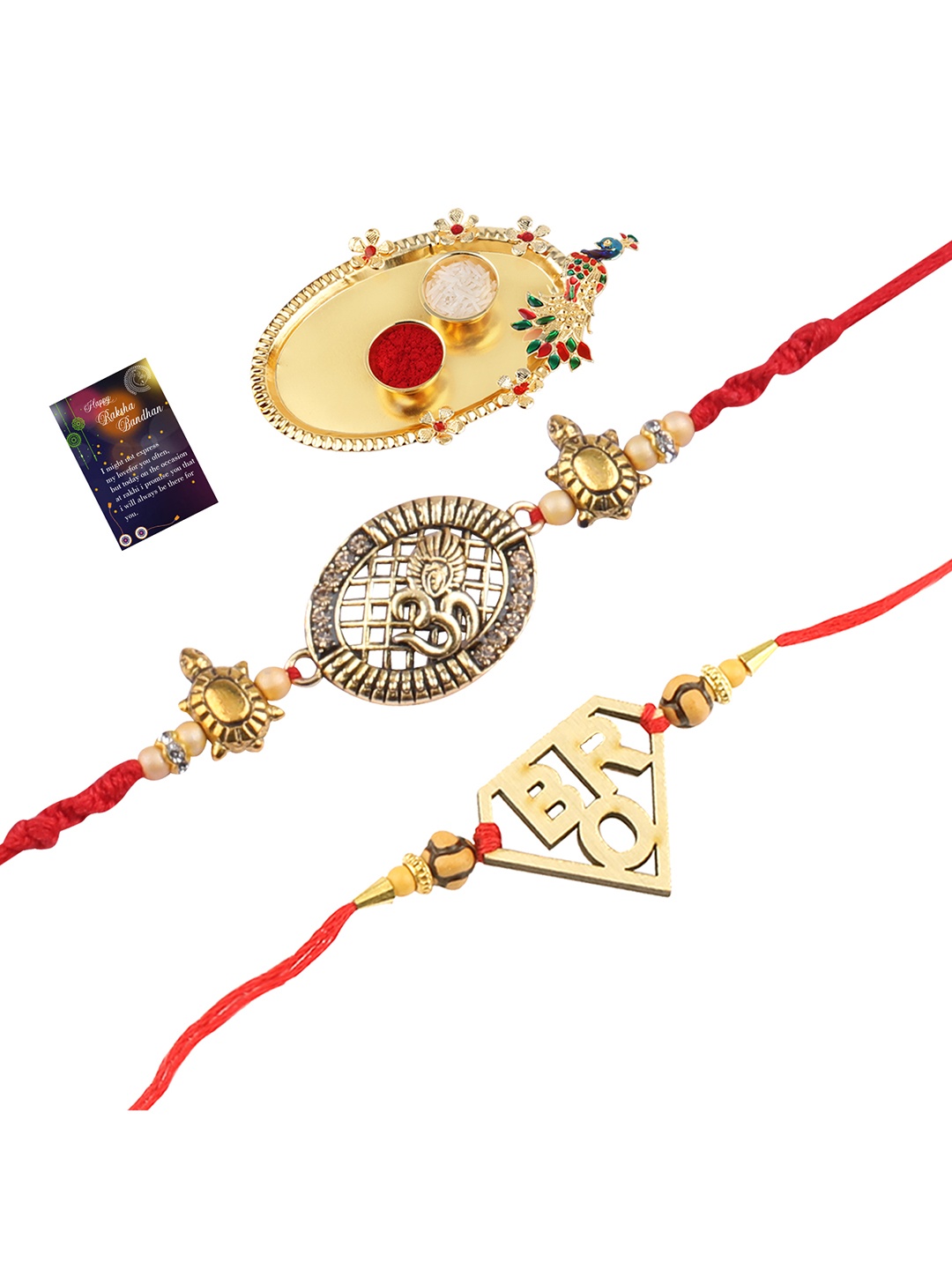 

Silver Shine Red 2 Rakhi With Pooja Thali Roli Chawal And Greeting Card