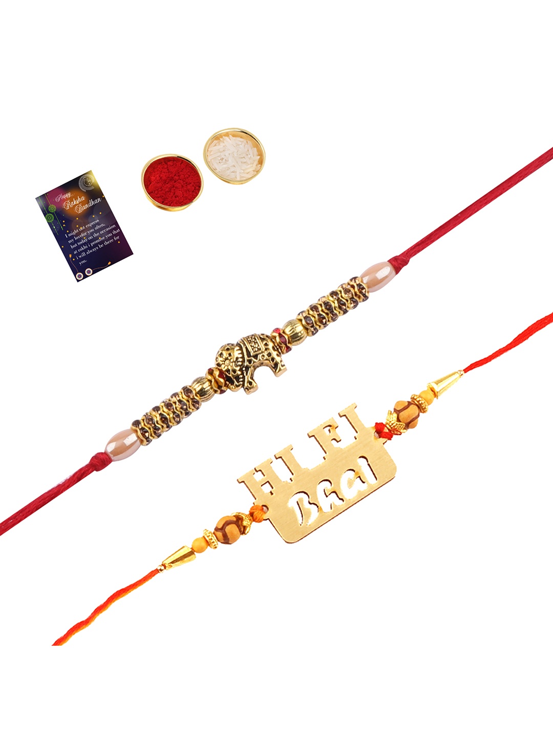 

Silver Shine Gold-Toned & Red 2 Rakhi With Roli Chawal Greeting Card
