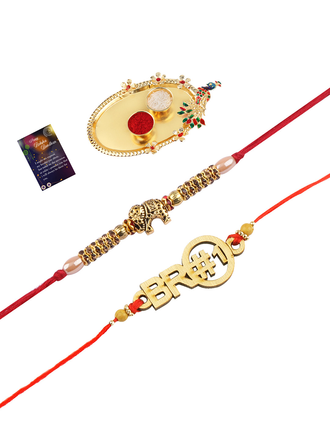 

Silver Shine Gold-Toned & Red 2 Rakhi With Pooja Thali Roli Chawal & Greeting Card