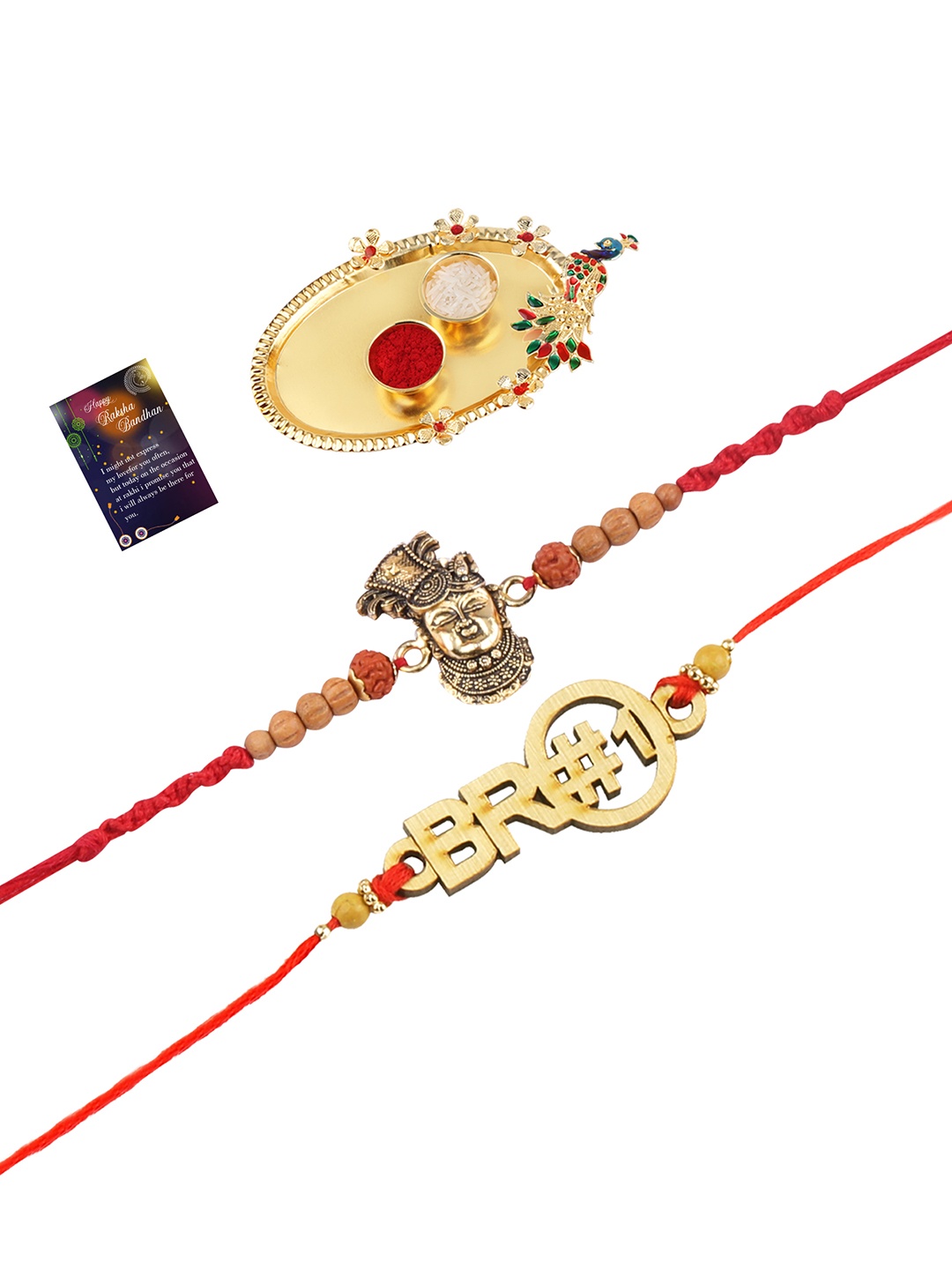 

Silver Shine Red 2 Rakhi With Pooja Thali Roli Chawal & Greeting Card