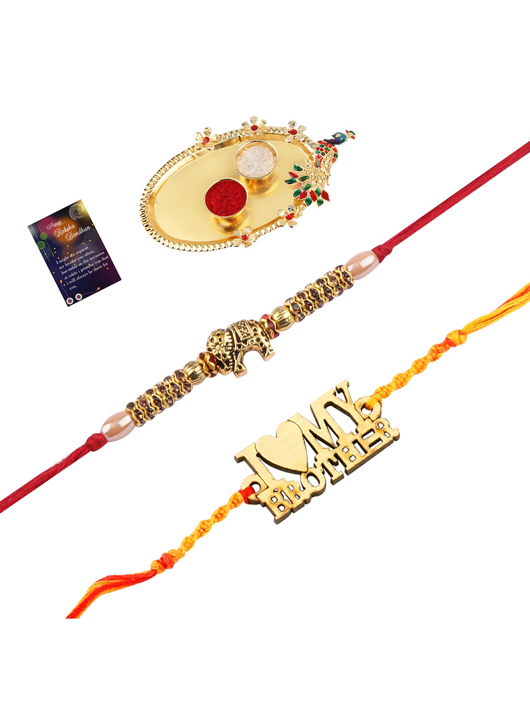

Silver Shine 2 Rakhi with Pooja Thali Roli Chawal and Greeting Card, Multi