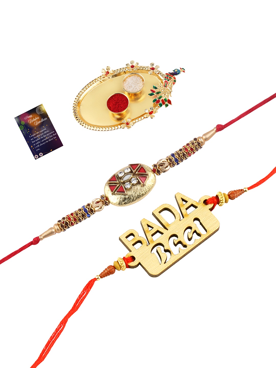 

Silver Shine 2 Rakhi with Pooja Thali Roli Chawal and Greeting Card, Red