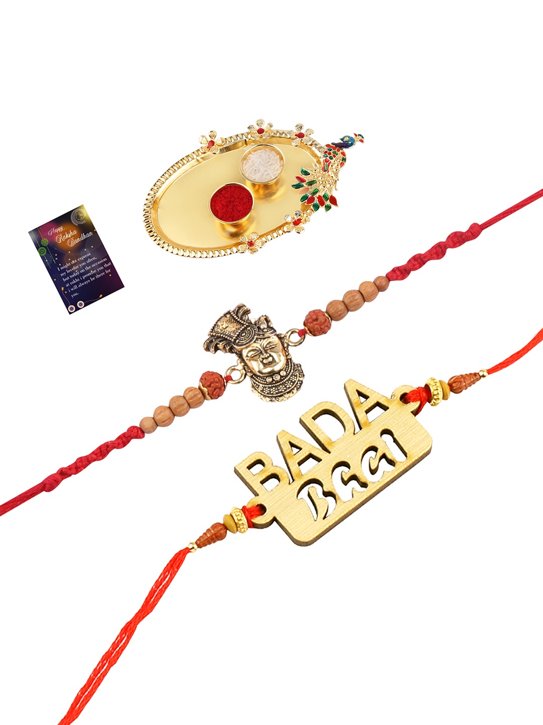 

Silver Shine 2 Rakhi with Pooja Thali Roli Chawal and Greeting Card, Red