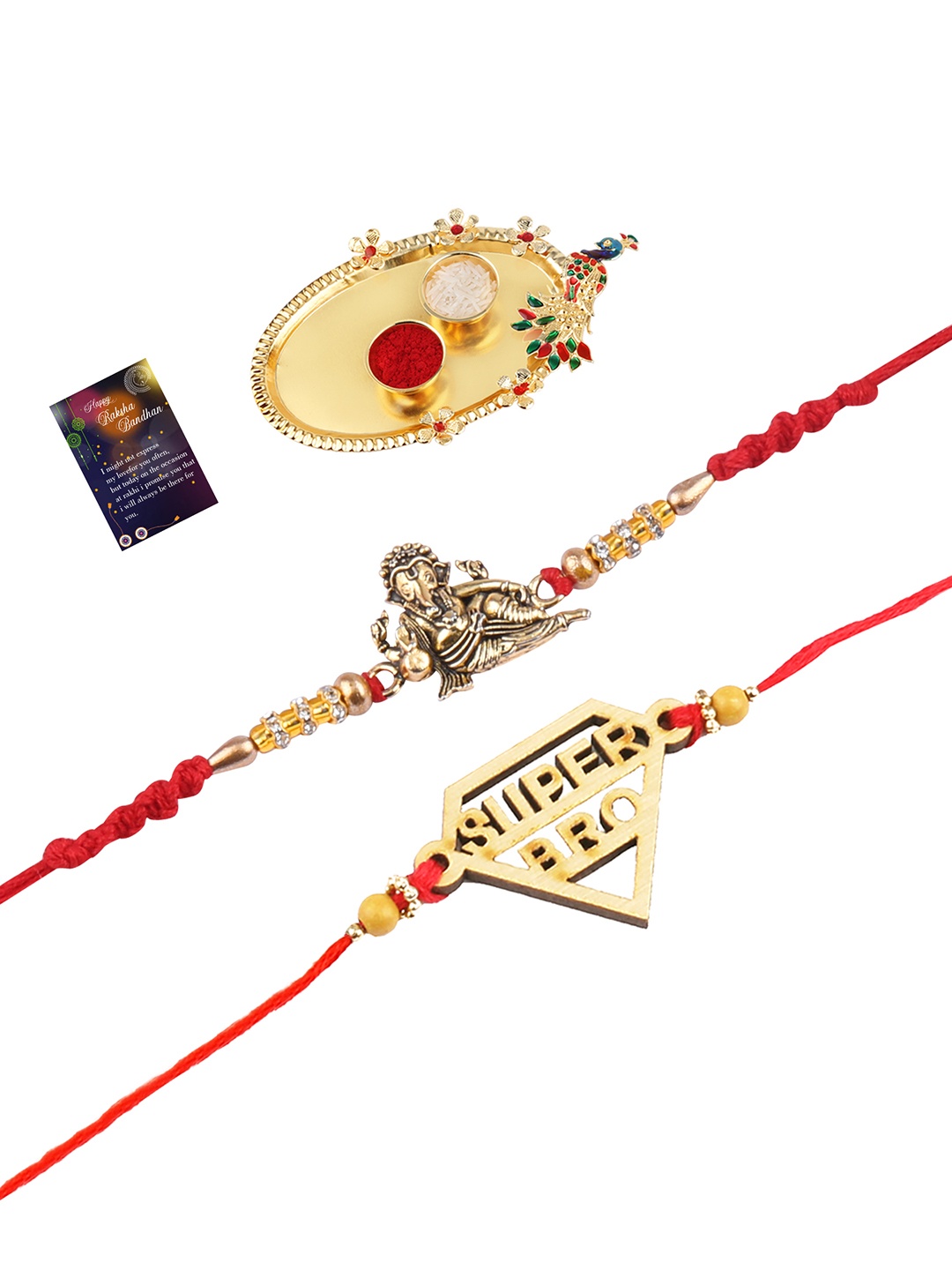 

Silver Shine Set Of 2 Red & Gold-Toned Stone-Studded Rakhi Gift Set