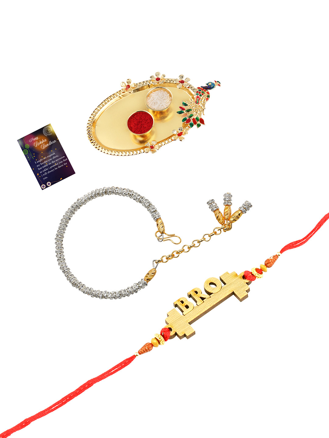 

Silver Shine 1 Rakhi 1 Bhabhi Rakhi With Pooja Thali Roli Chawal, Gold