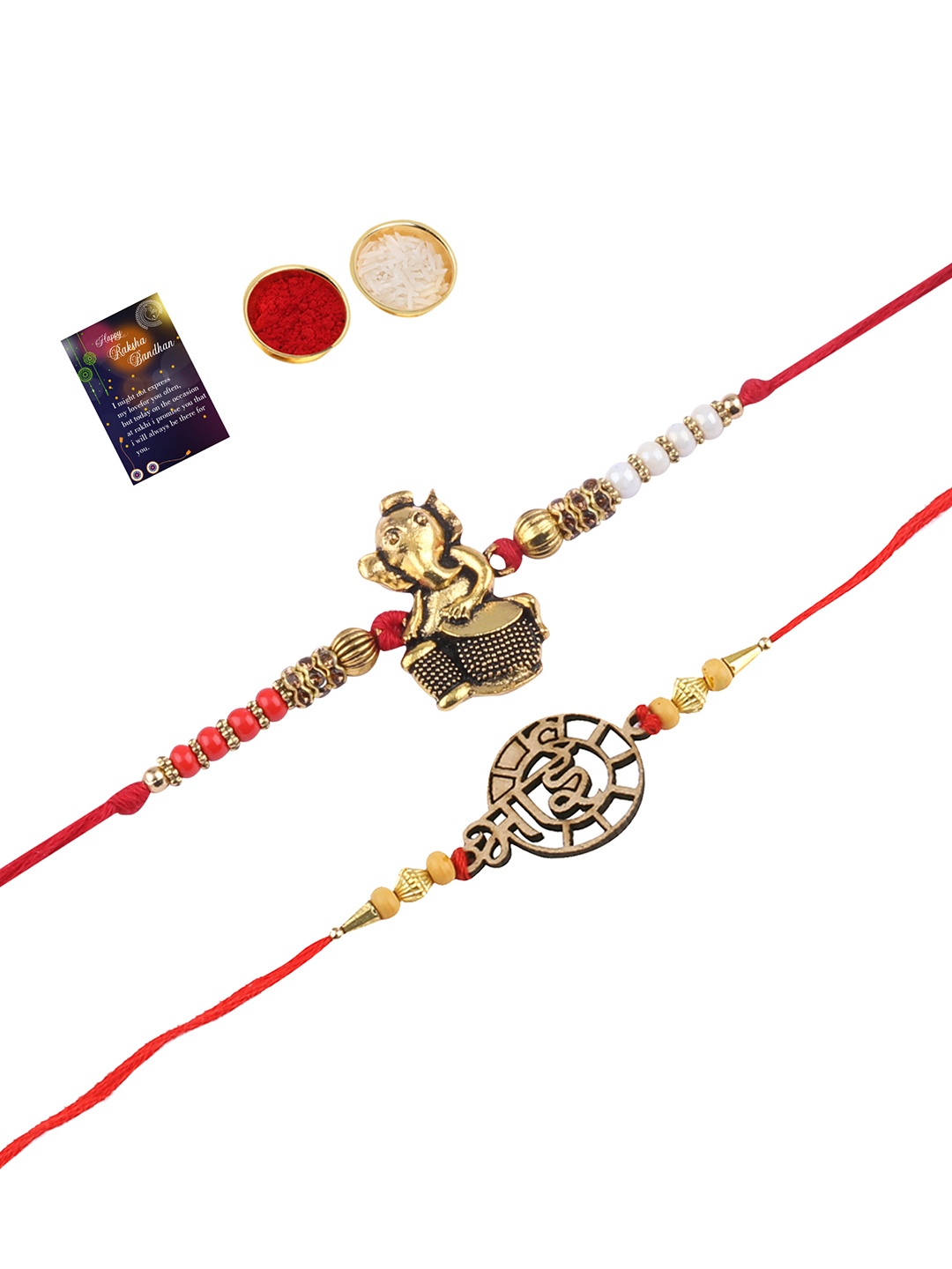 

Silver Shine 2 Gold-Toned & Red Rakhi With Roli Chawal Greeting Card