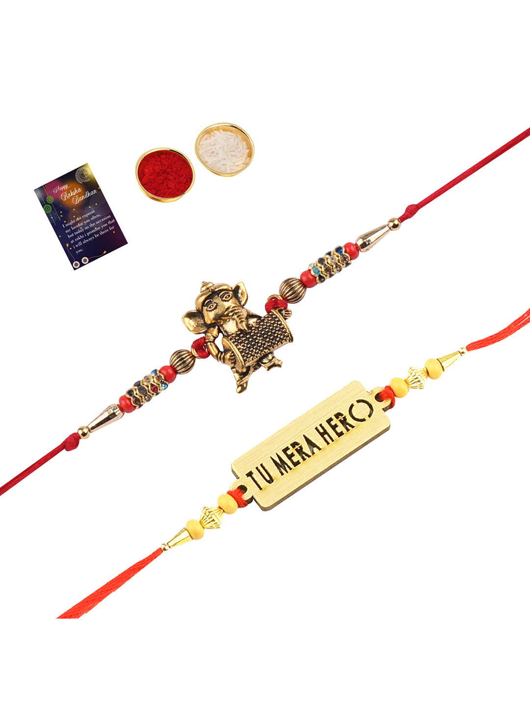 

Silver Shine 2 Rakhi with Pooja Thali Roli Chawal and Greeting Card, Gold