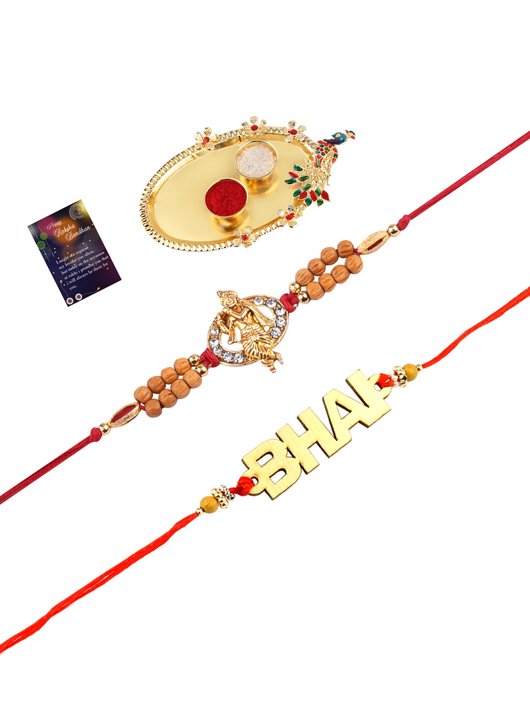 

Silver Shine Red Set Of 2 Rakhi Combo With Roli Chawal & Greeting Card