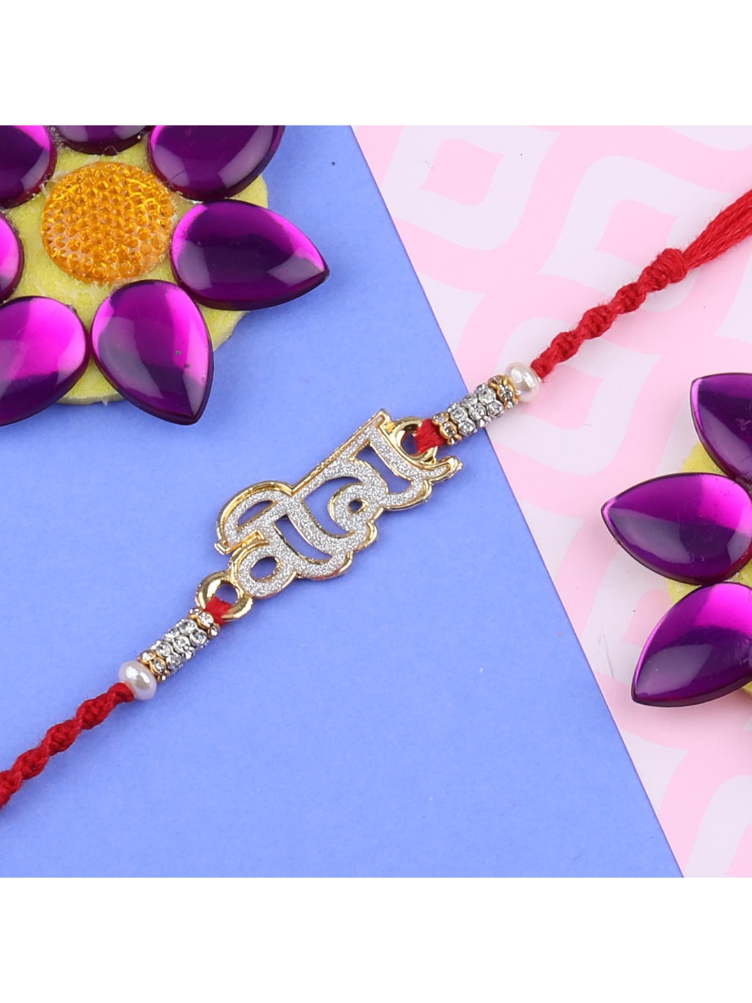 

Silver Shine Pack Of 3 Rakhi with Pooja Thali Roli Chawal and Greeting Card, Multi