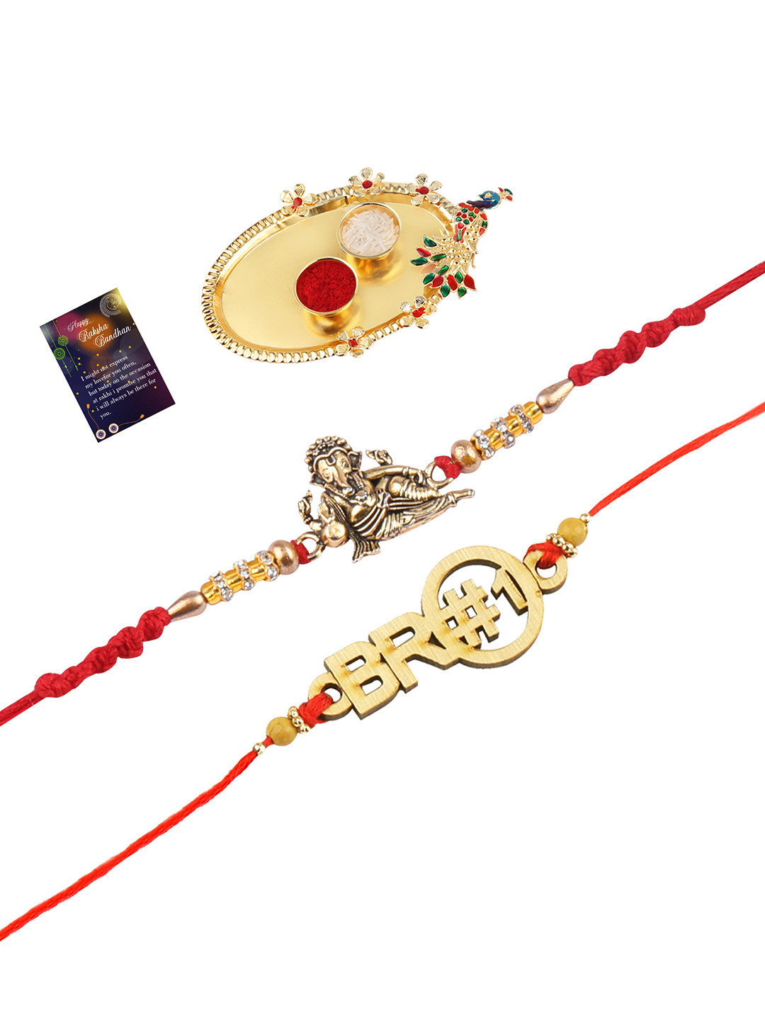

Silver Shine Gold-Toned 2 Rakhi With Pooja Thali Roli Chawal & Greeting Card