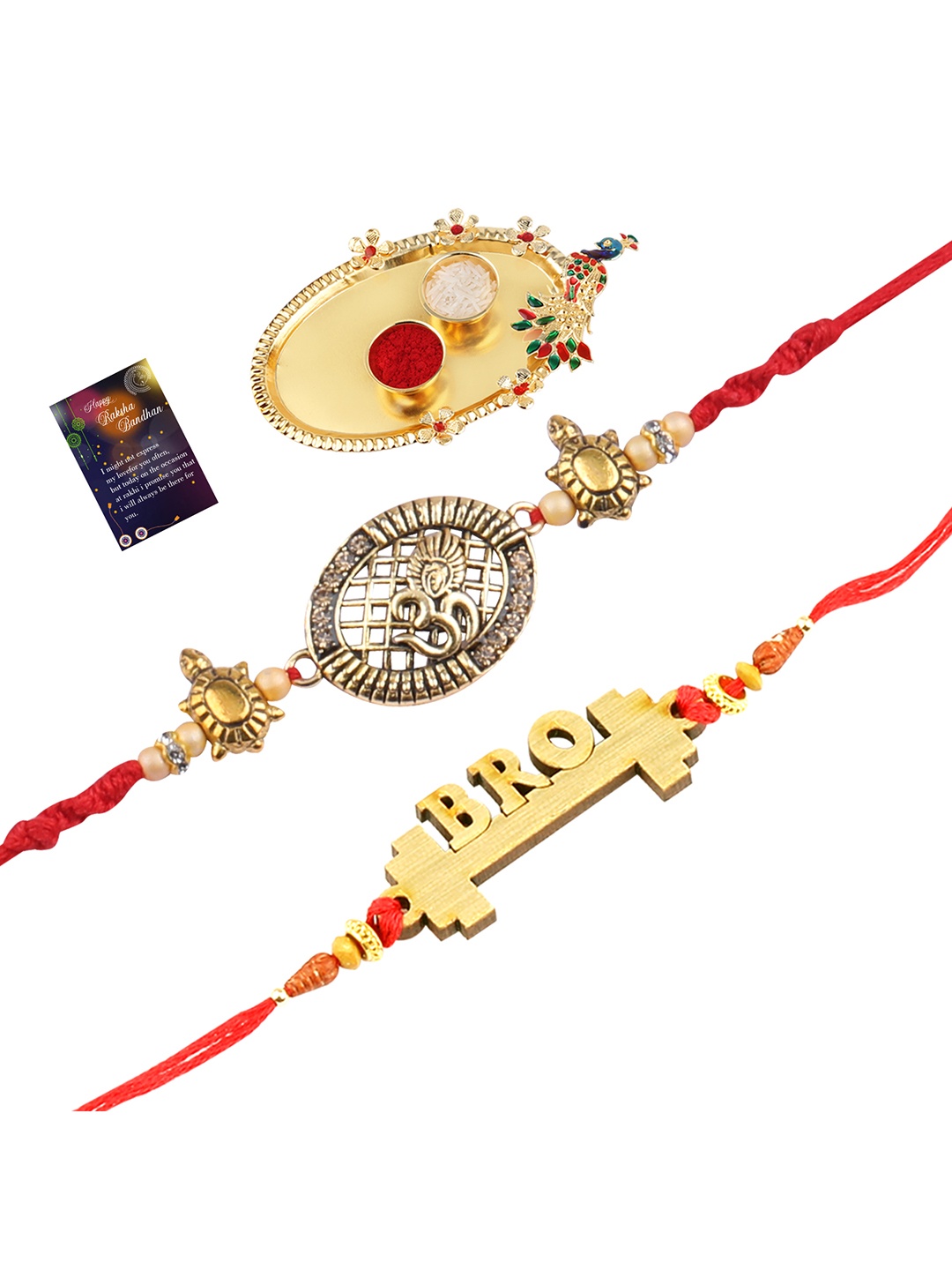 

Silver Shine 2 Rakhi with Pooja Thali Roli Chawal and Greeting Card, Red