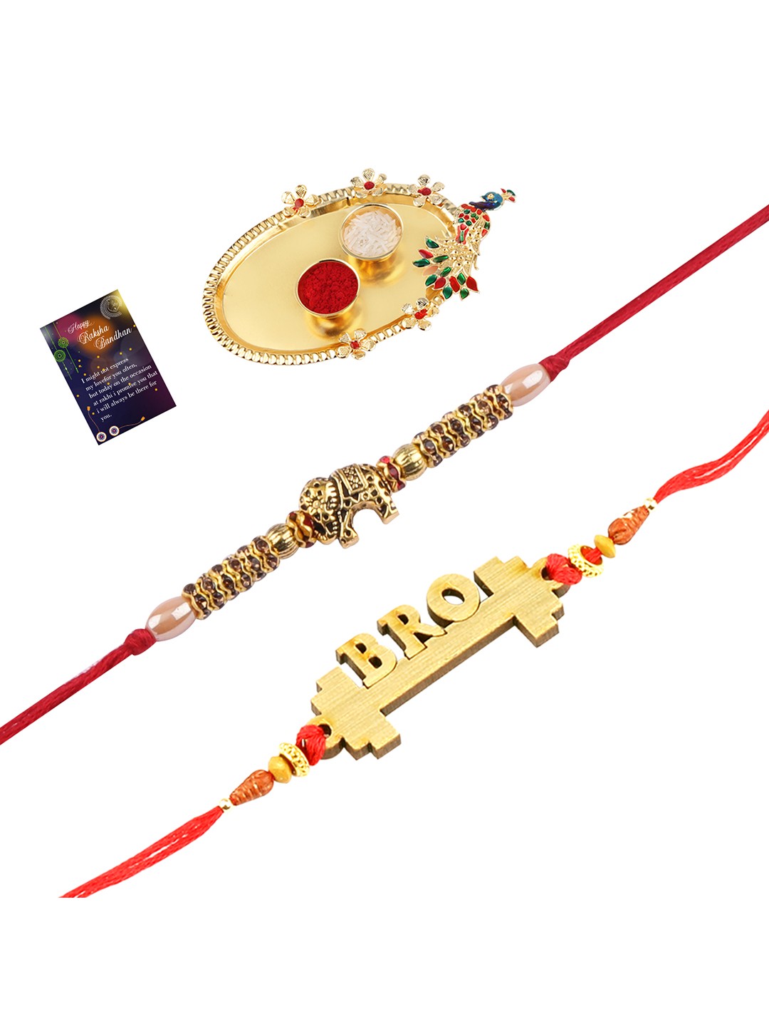 

Silver Shine Red 2 Rakhi With Pooja Thali Roli Chawal & Greeting Card