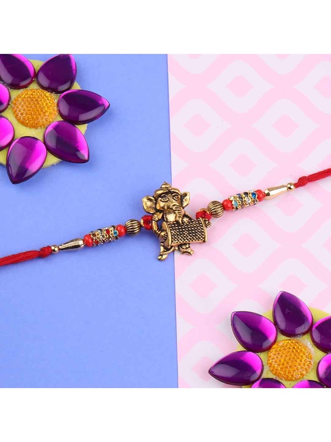 

Silver Shine Gold-Toned 5 Rakhi With Pooja Thali Roli Chawal And Greeting Card