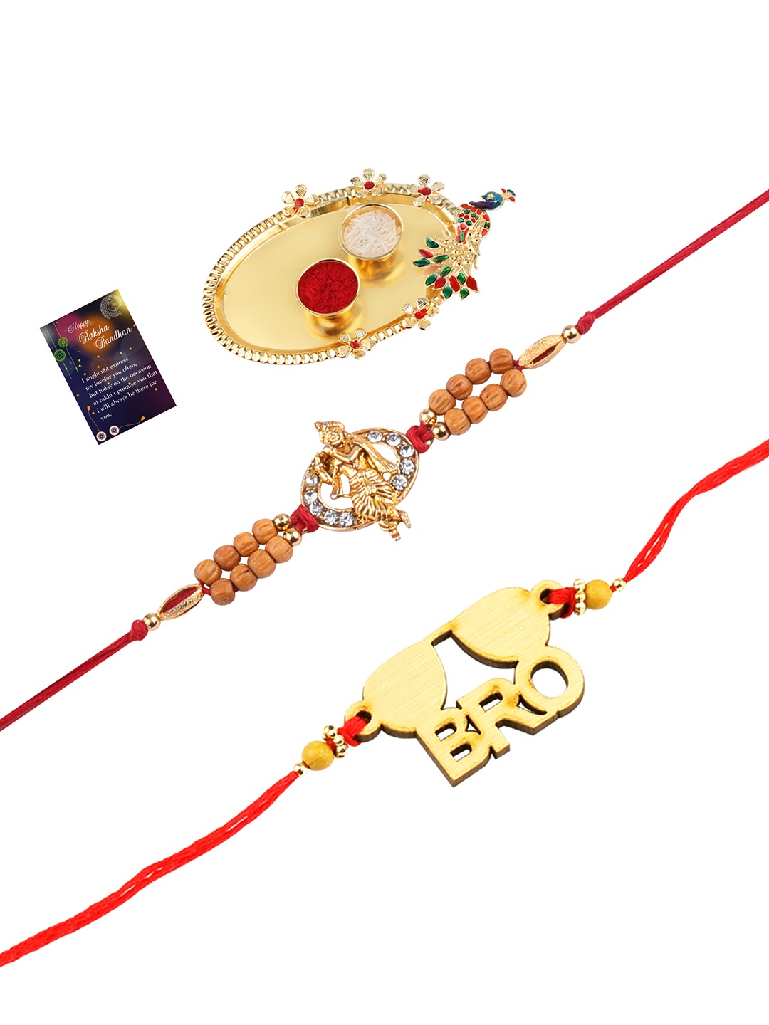 

Silver Shine Set Of 2 Red & Gold-Toned Stone-Studded Rakhi Gift Set