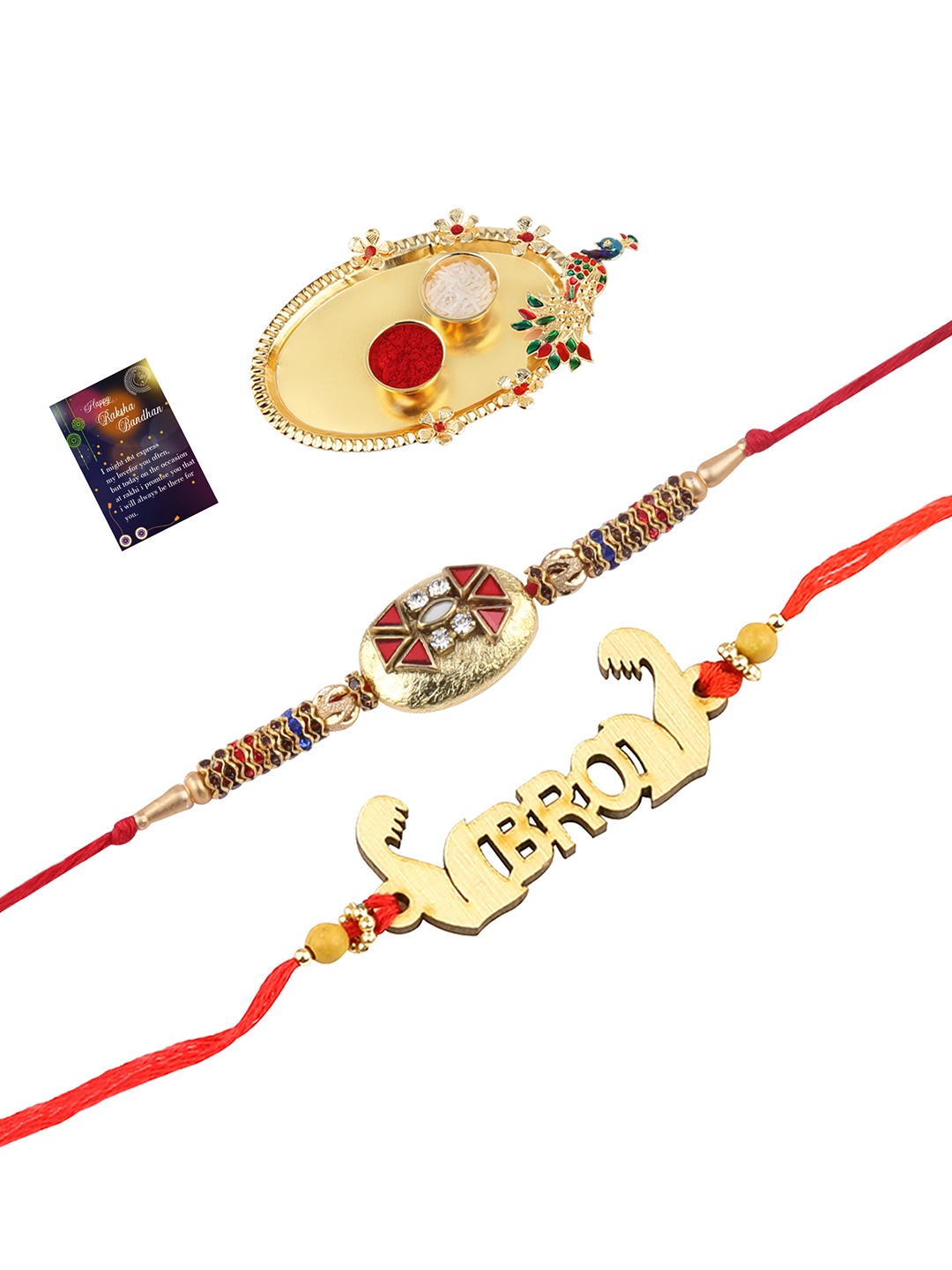 

Silver Shine Set Of 2 Red & Gold-Toned Stone-Studded Rakhi Gift Set