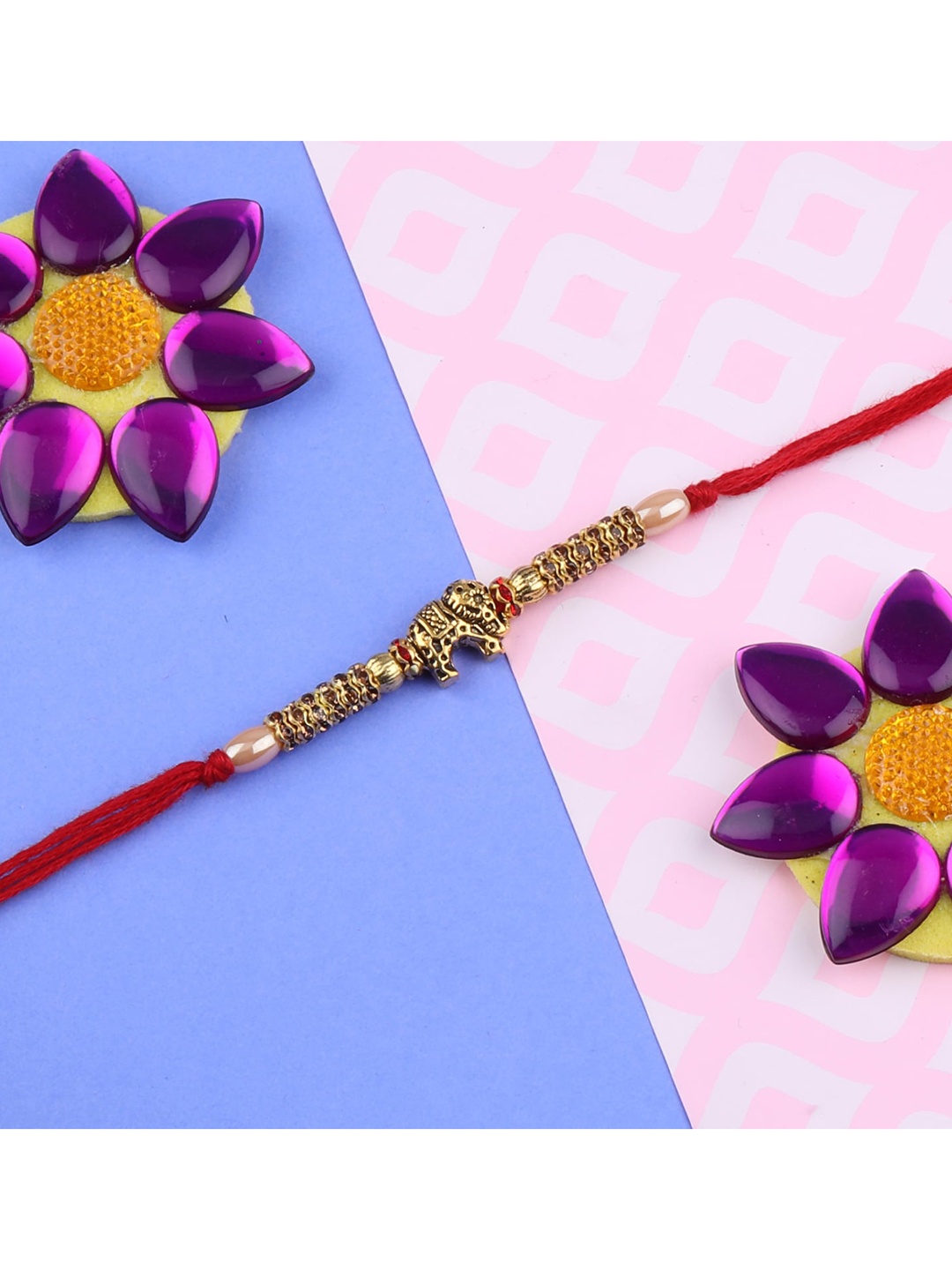 

Silver Shine Set Of 5 Red & Gold-Toned Stone-Studded Rakhi Gift Set