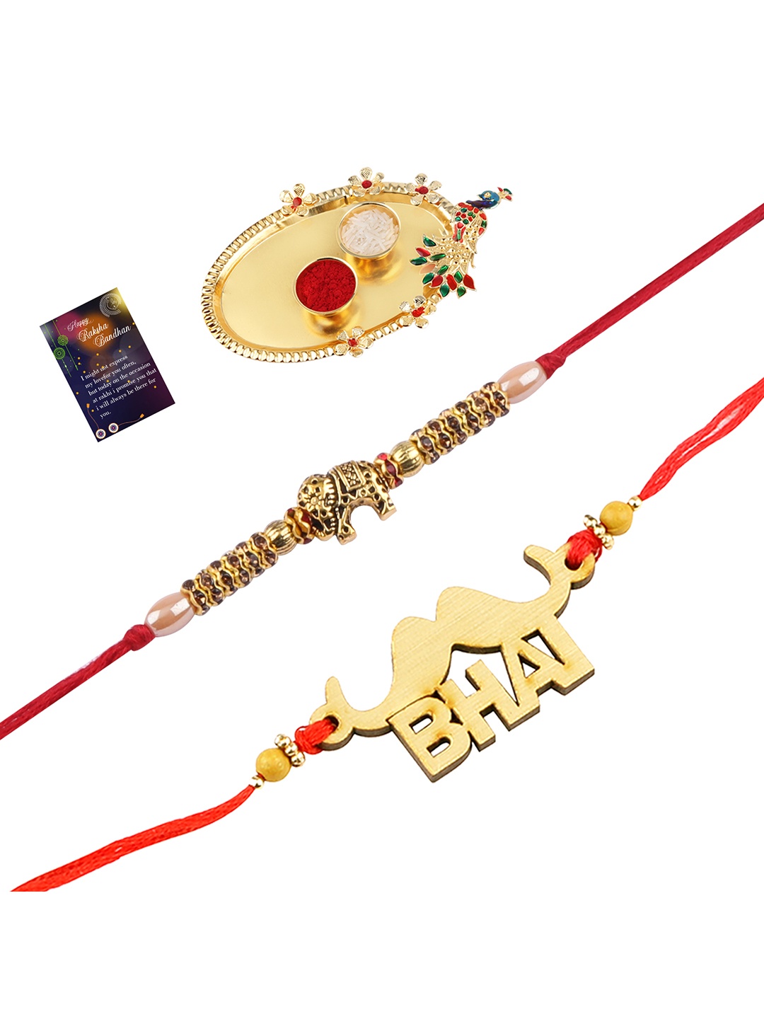 

Silver Shine 2 Rakhi With Pooja Thali Roli Chawal And Greeting Card, Multi