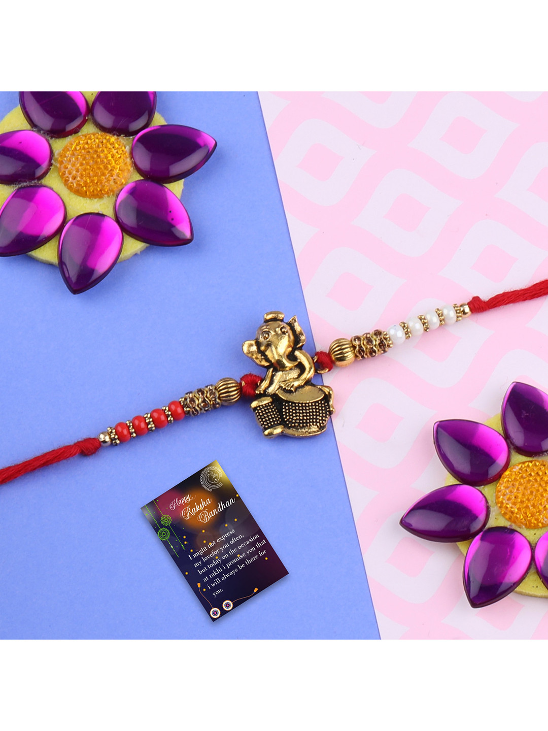 

Silver Shine Set Of 2 Red & Gold-Toned Stone-Studded Rakhi Gift Set