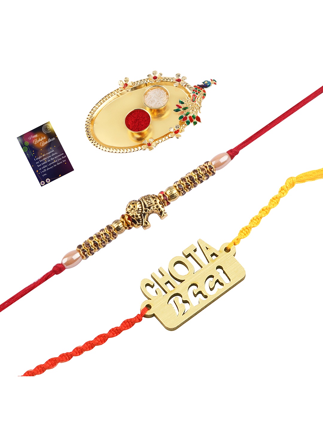 

Silver Shine 2 Rakhi With Pooja Thali Roli Chawal And Greeting Card, Multi