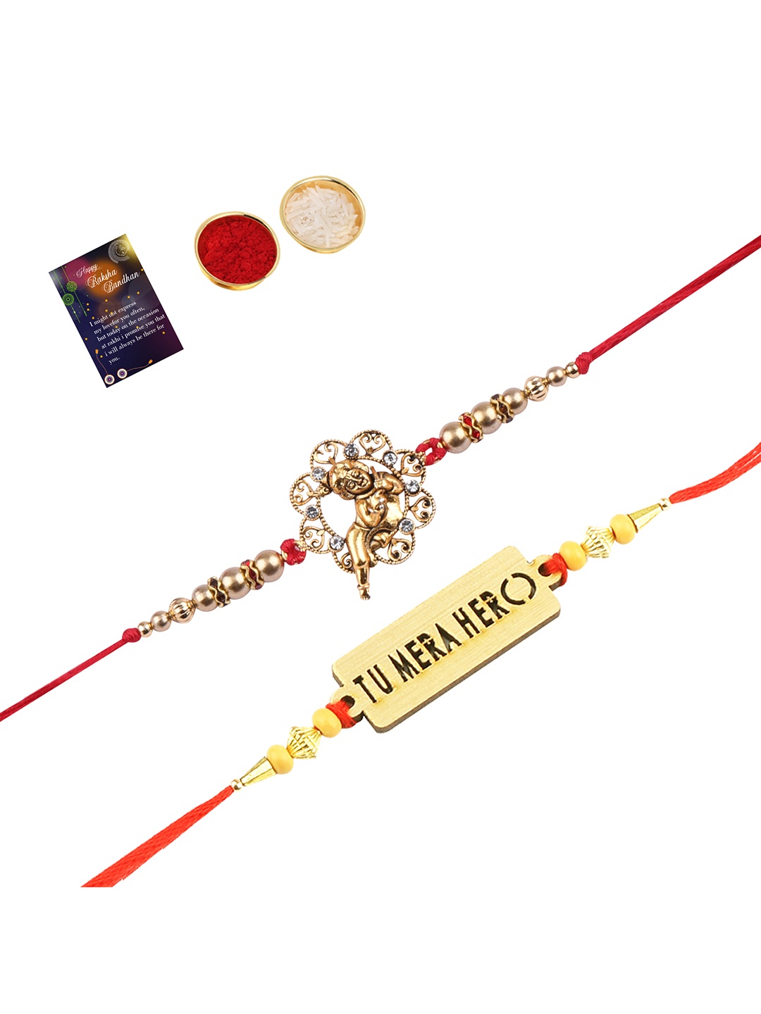 

Silver Shine Set Of 2 Red & Gold-Toned Stone-Studded Rakhi Gift Set